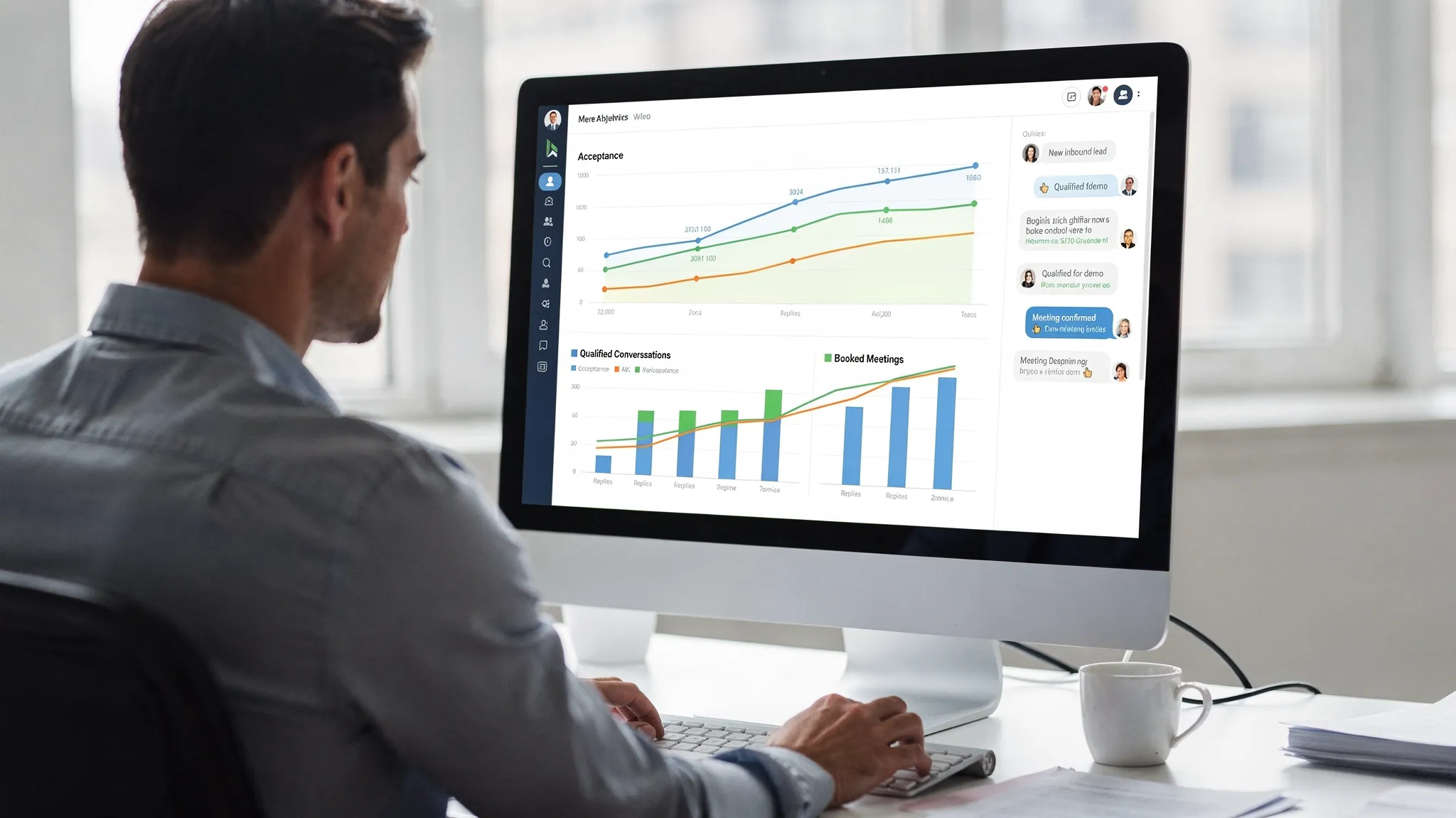 A sales development leader reviews a dashboard showing acceptance, replies, qualified conversations, and booked meetings over time, with a few conversation snippets on the side. The screen is front facing and readable, and the person faces the screen.