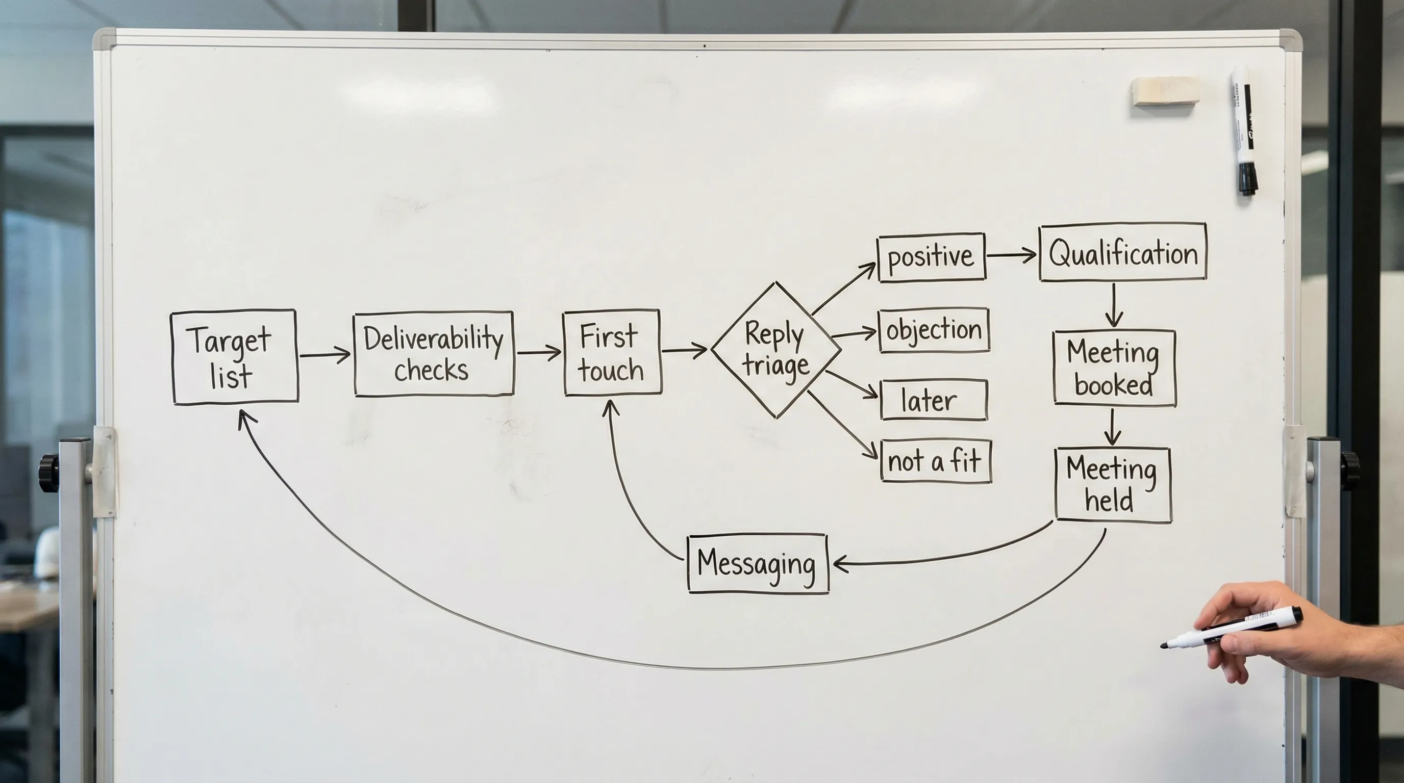 A simple flowchart diagram showing a cold email outreach system: Target list -> Deliverability checks -> First touch -> Reply triage (positive, objection, later, not a fit) -> Qualification -> Meeting booked -> Meeting held, with a feedback loop back to targeting and messaging.