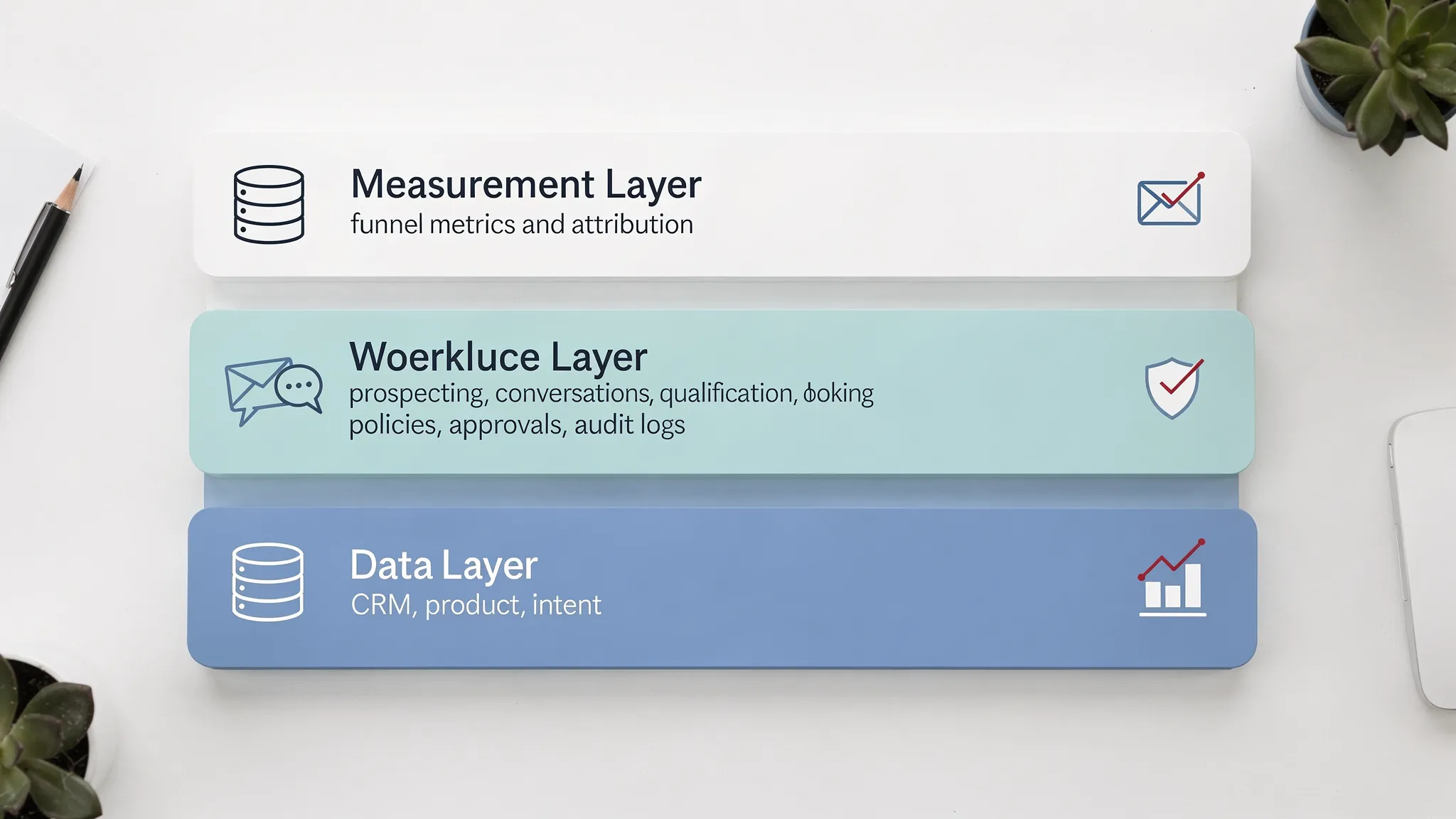 A simple layered diagram of an AI sales tool stack in 2026: data layer (CRM, product, intent), workflow layer (prospecting, conversations, qualification, booking), governance layer (policies, approvals, audit logs), and measurement layer (funnel metrics and attribution).