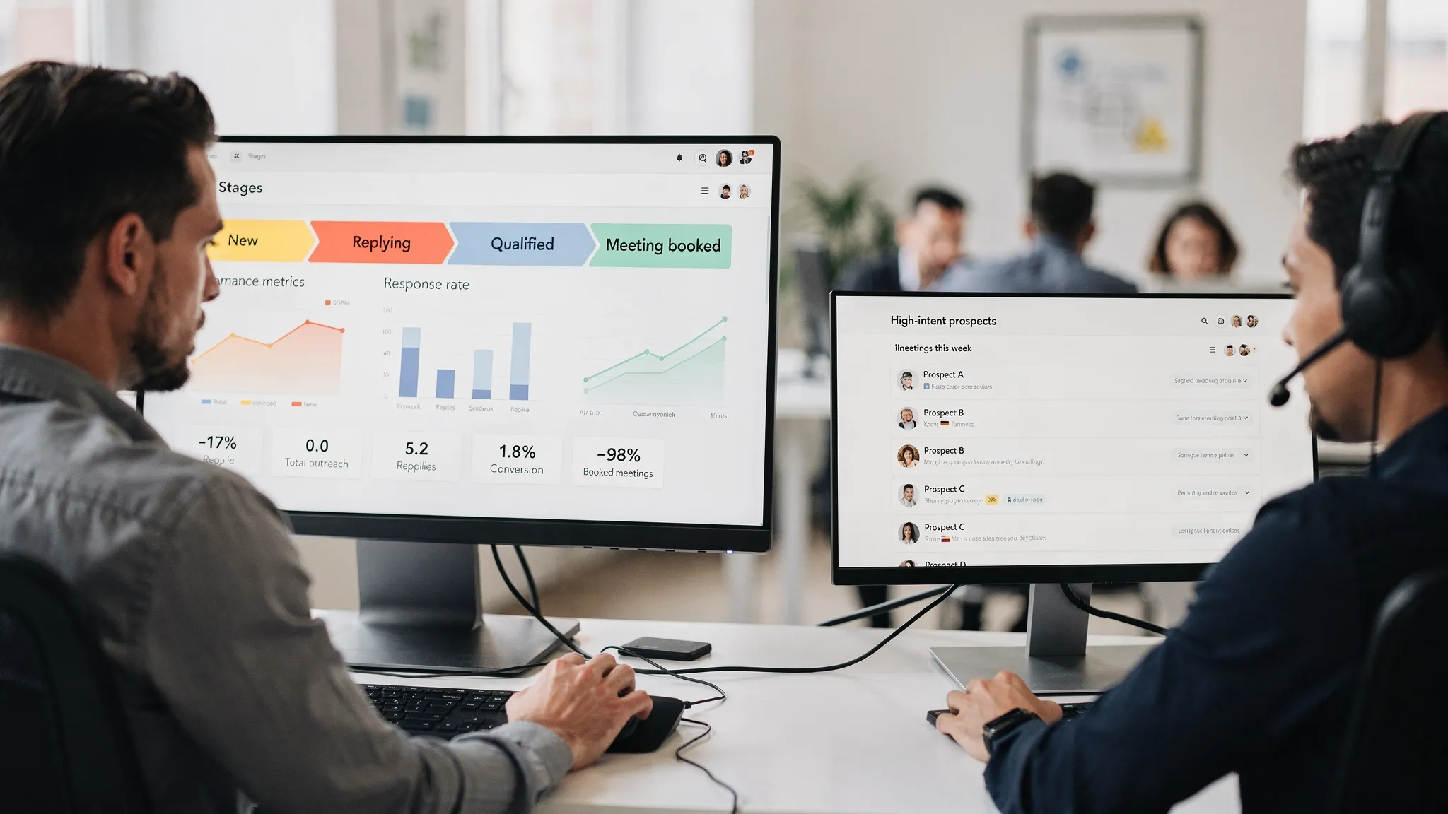An SDR manager reviewing a centralized dashboard showing LinkedIn conversation stages (new, replying, qualified, meeting booked) and performance metrics, while an SDR focuses on a smaller set of high-intent conversations. The screens are oriented correctly and show simplified charts and labels without any real company data.
