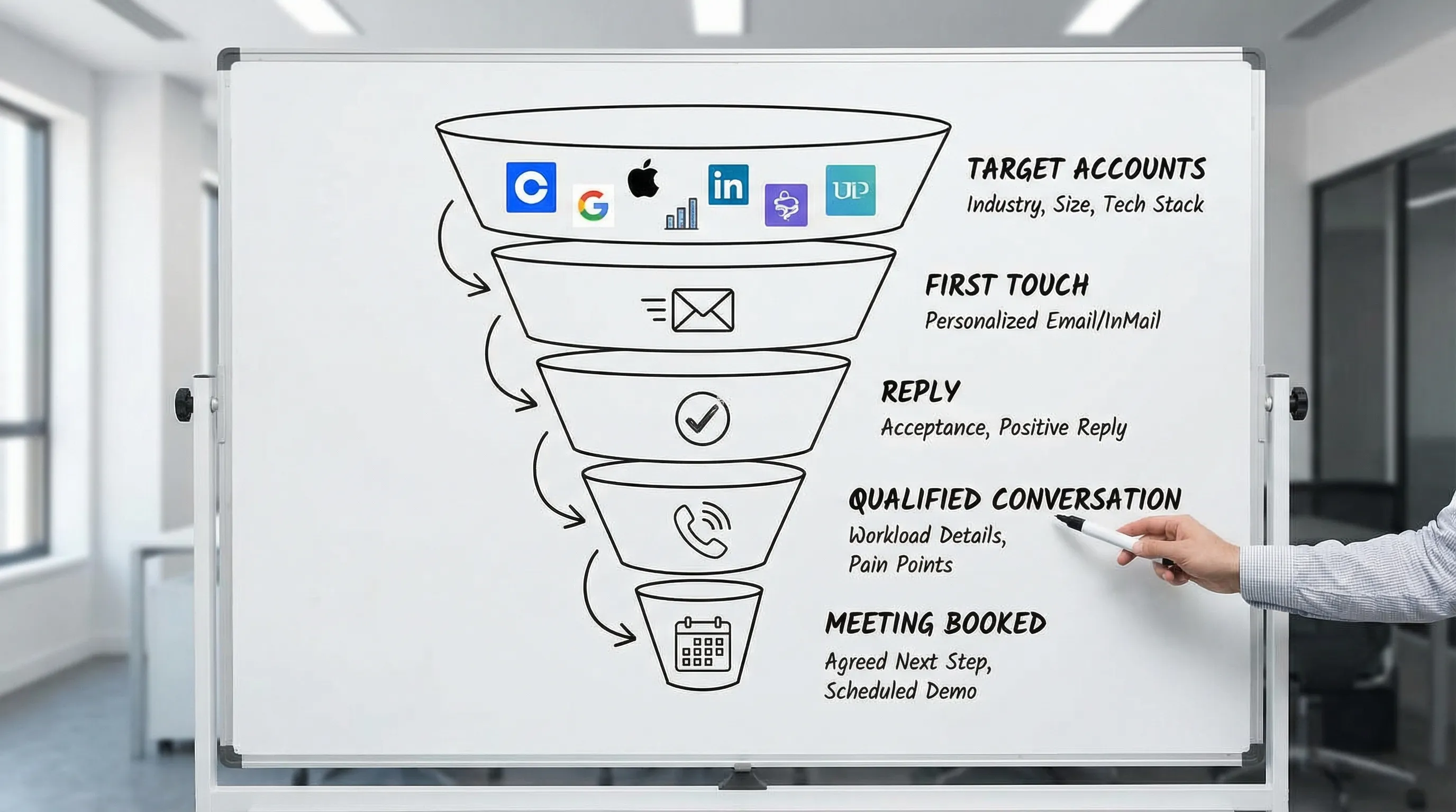 A simple funnel diagram showing the cloud prospecting journey from Target Accounts to First Touch to Reply to Qualified Conversation to Meeting Booked, with examples of signals at each step like acceptance, positive reply, workload details, and agreed next step.