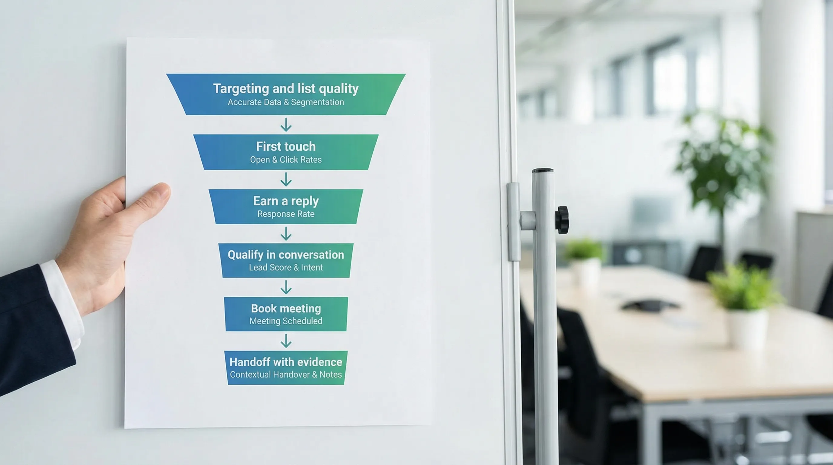 A simple funnel diagram showing six labeled stages in order: Targeting and list quality, First touch, Earn a reply, Qualify in conversation, Book meeting, Handoff with evidence. Each stage includes one micro-metric under it.