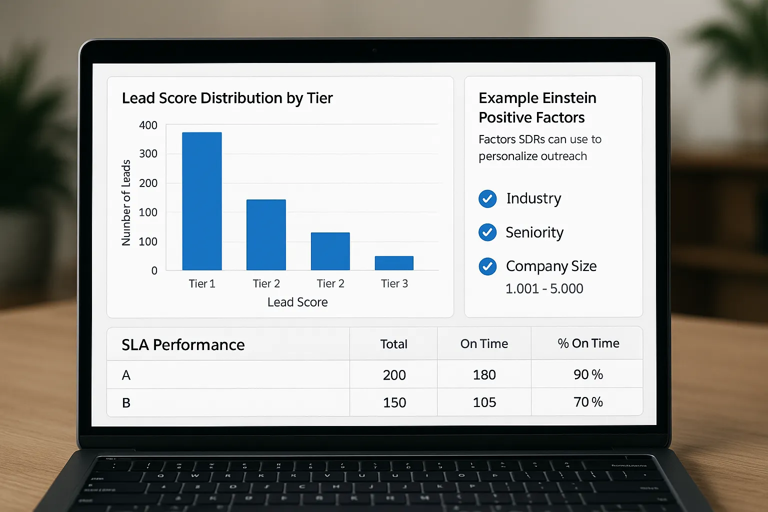 A dashboard view showing a lead score distribution histogram by tier, a table with SLA performance for A and B leads, and a side panel with example Einstein positive factors like Industry, Seniority, and Company Size that SDRs use to personalize outreach.