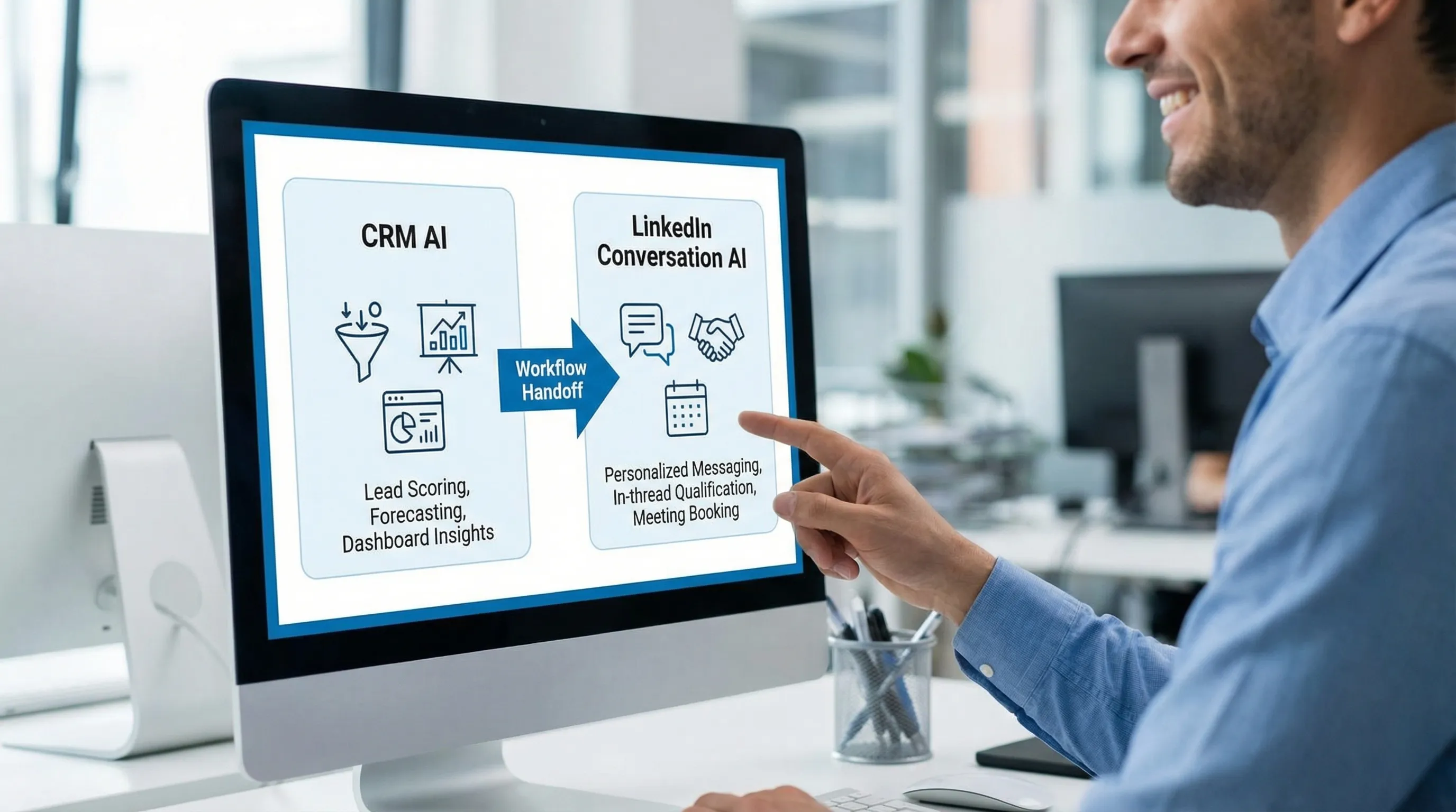 A simple comparison graphic showing CRM AI on the left (lead scoring, forecasting, dashboard insights) and LinkedIn conversation AI on the right (personalized messaging, in-thread qualification, meeting booking), with an arrow indicating a workflow handoff between them.