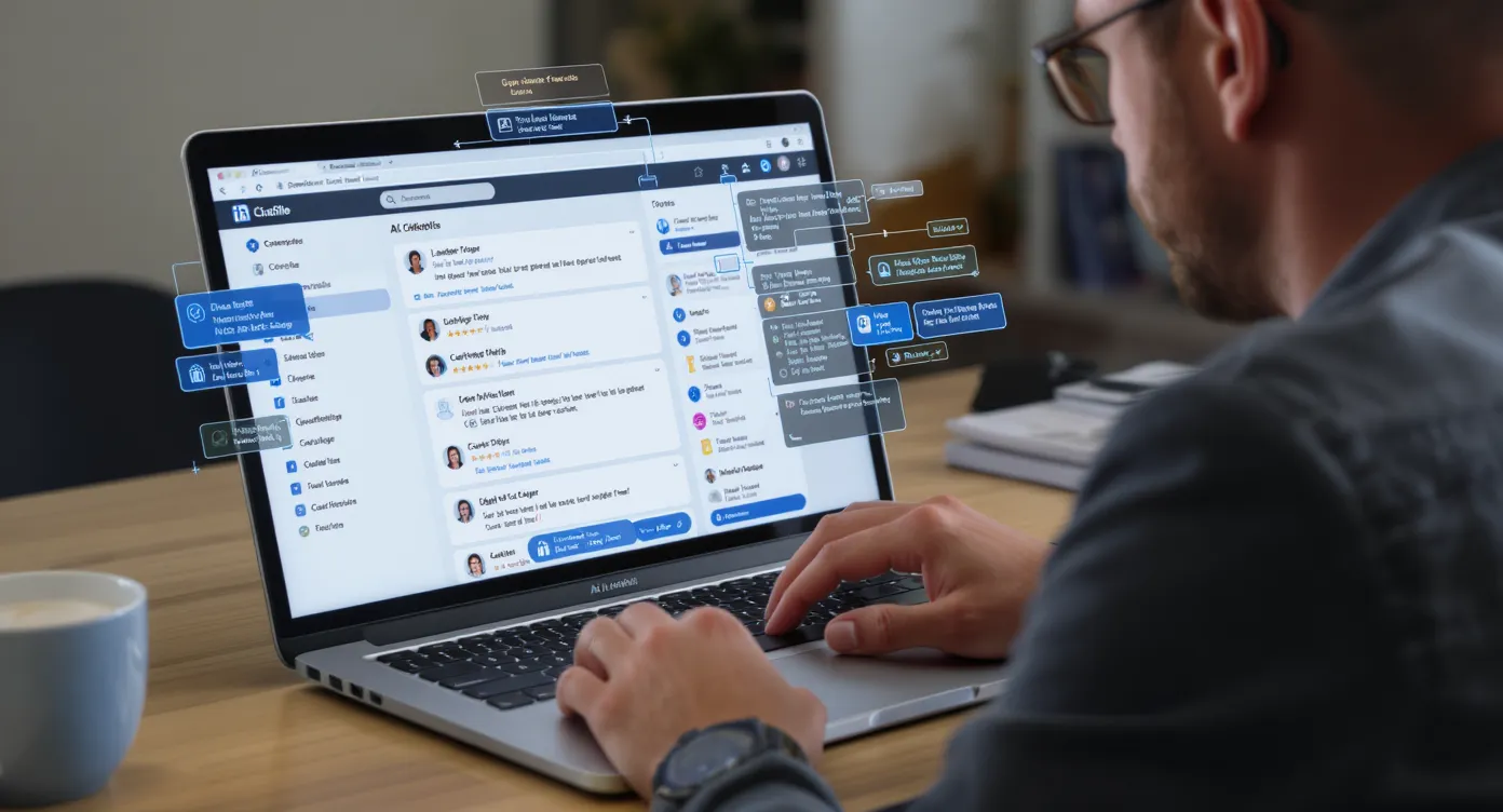 An SDR sits at a laptop reviewing LinkedIn profiles while an AI chatbot interface displays suggested personalized messages and qualification notes beside each profile.