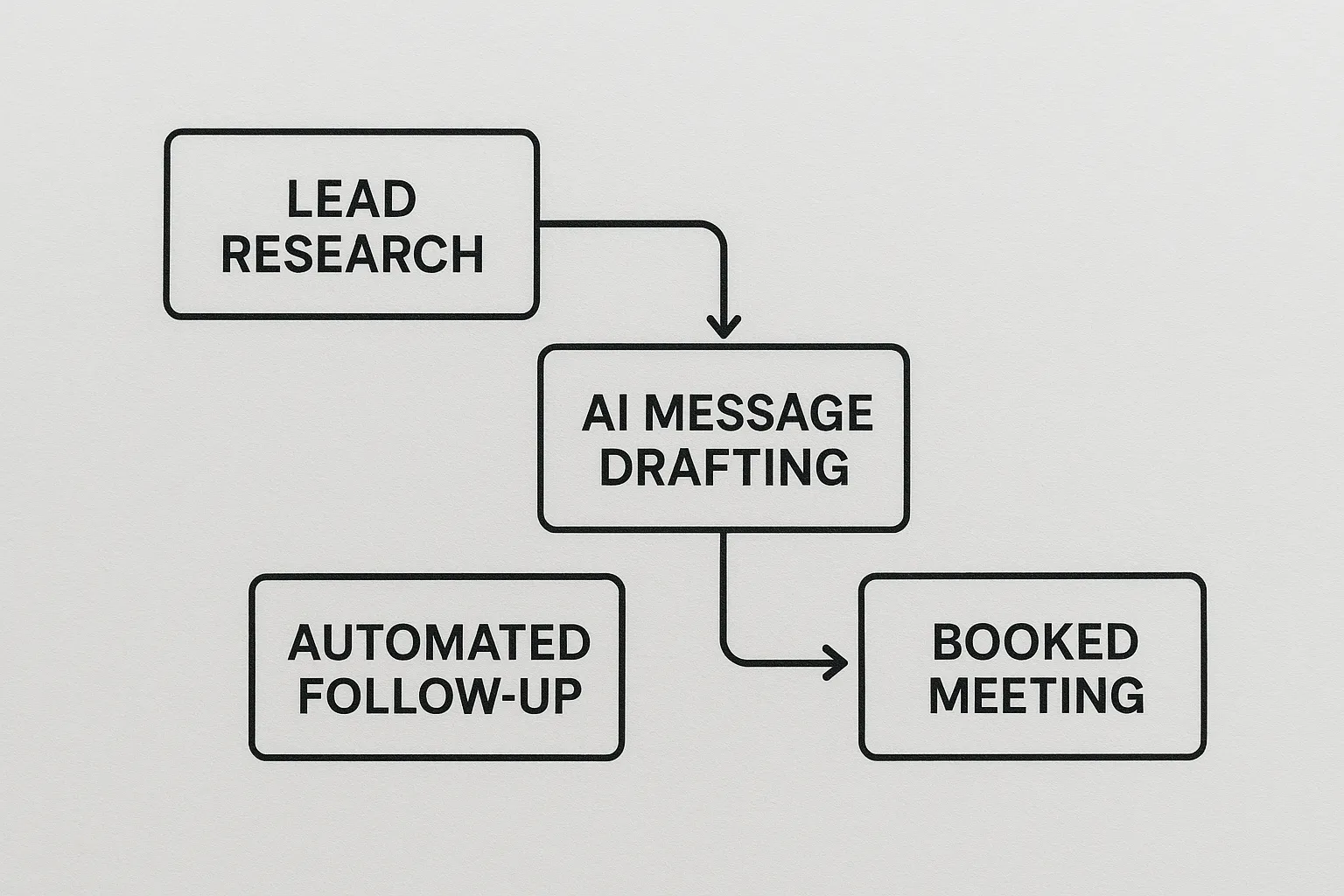 Simple flow diagram showing lead research, AI message drafting, automated follow-up, and booked meeting.