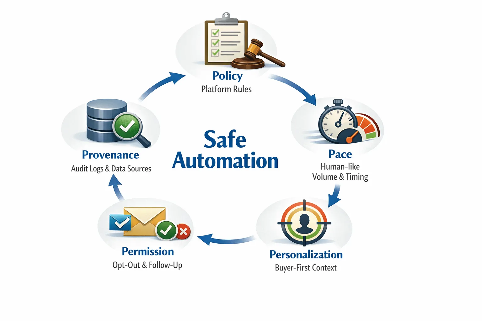 Simple workflow diagram showing the five pillars of safe automated LinkedIn outreach: Policy (platform rules), Pace (human-like volume and timing), Personalization (buyer-first context), Permission (opt-out and respectful follow-up), and Provenance (audit logs and data sources). Each pillar is represented by an icon, arranged in a circular flow around the words “Safe Automation.”