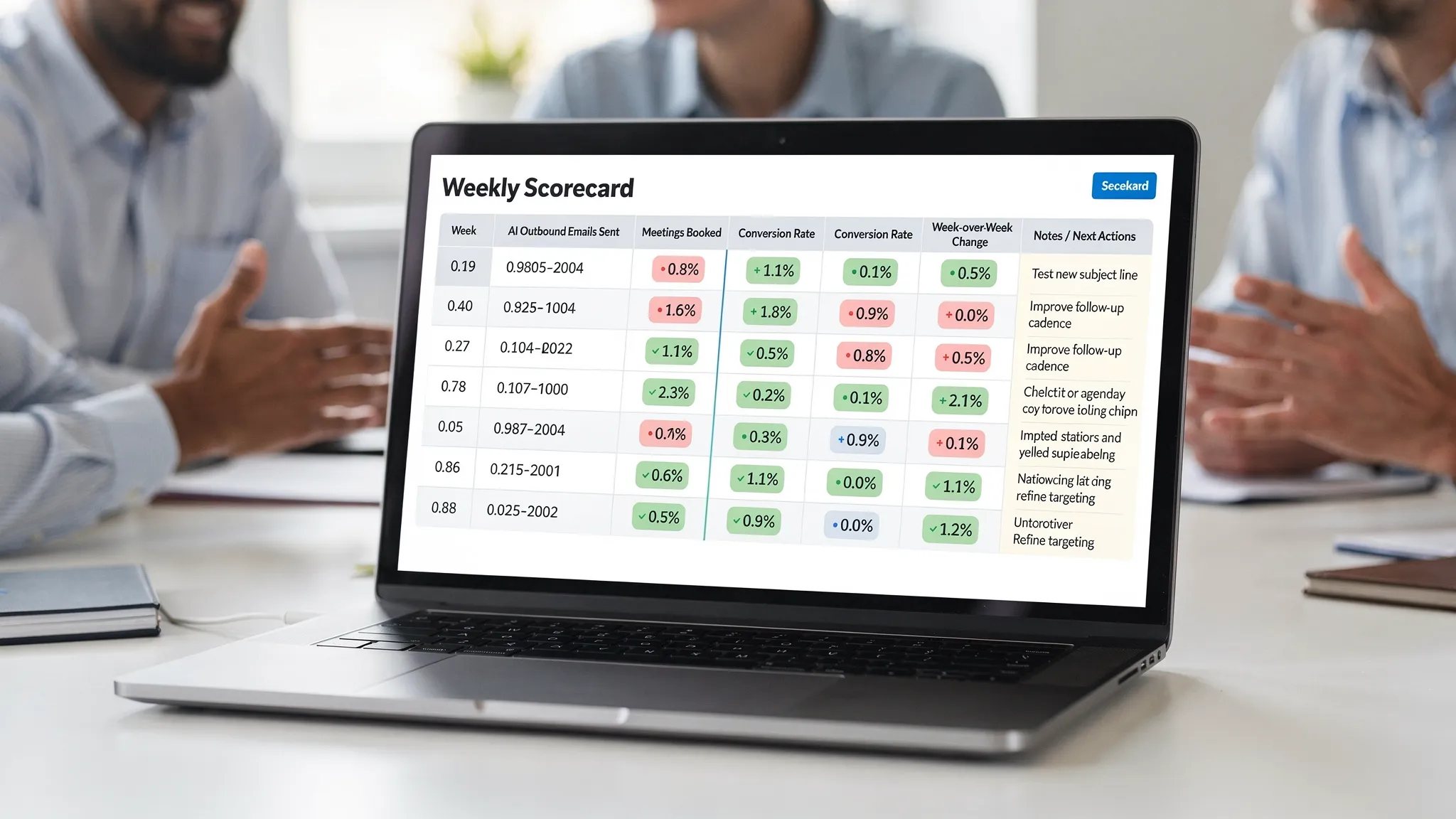 A sales team weekly scorecard view showing a table of AI outbound metrics, week-over-week changes, and a short notes column for hypotheses and next actions.