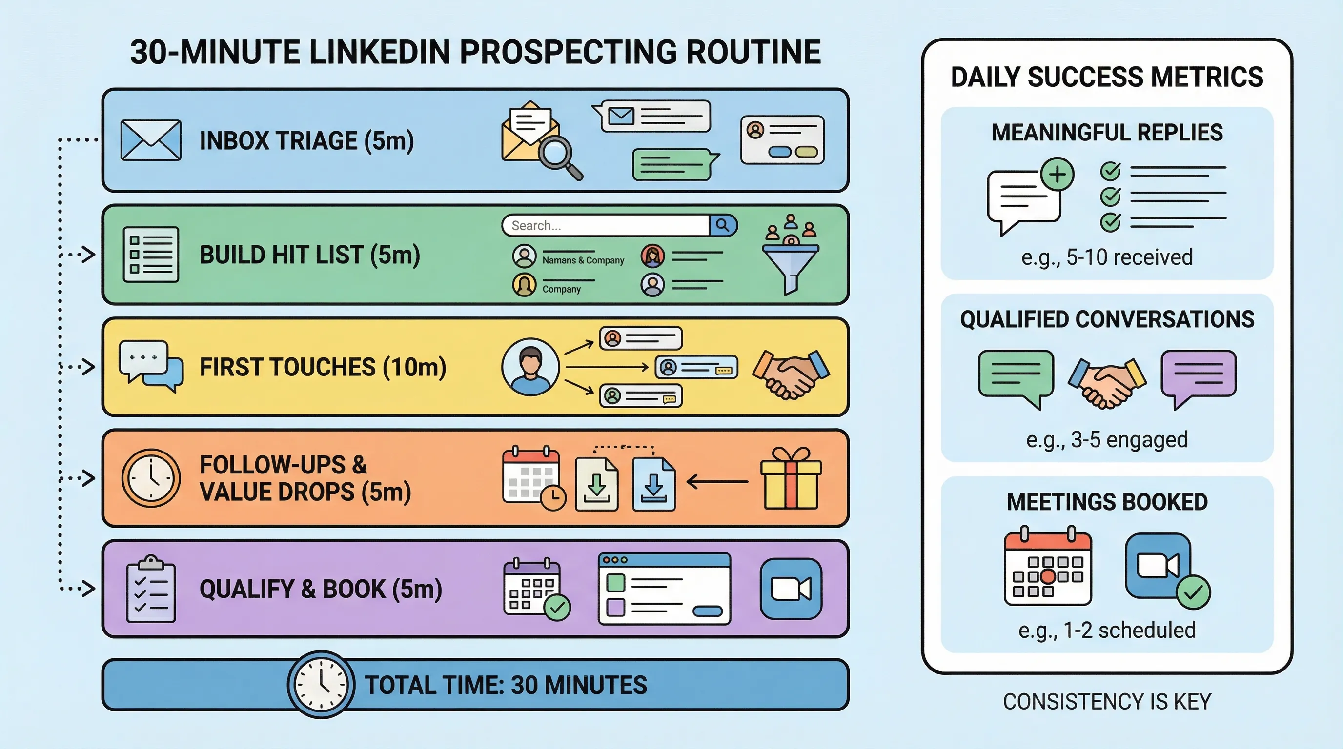 A simple visual schedule showing a 30-minute LinkedIn prospecting routine split into five blocks: inbox triage, build hit list, first touches, follow-ups and value drops, qualify and book. A small side panel lists the daily success metrics: meaningful replies, qualified conversations, meetings booked.