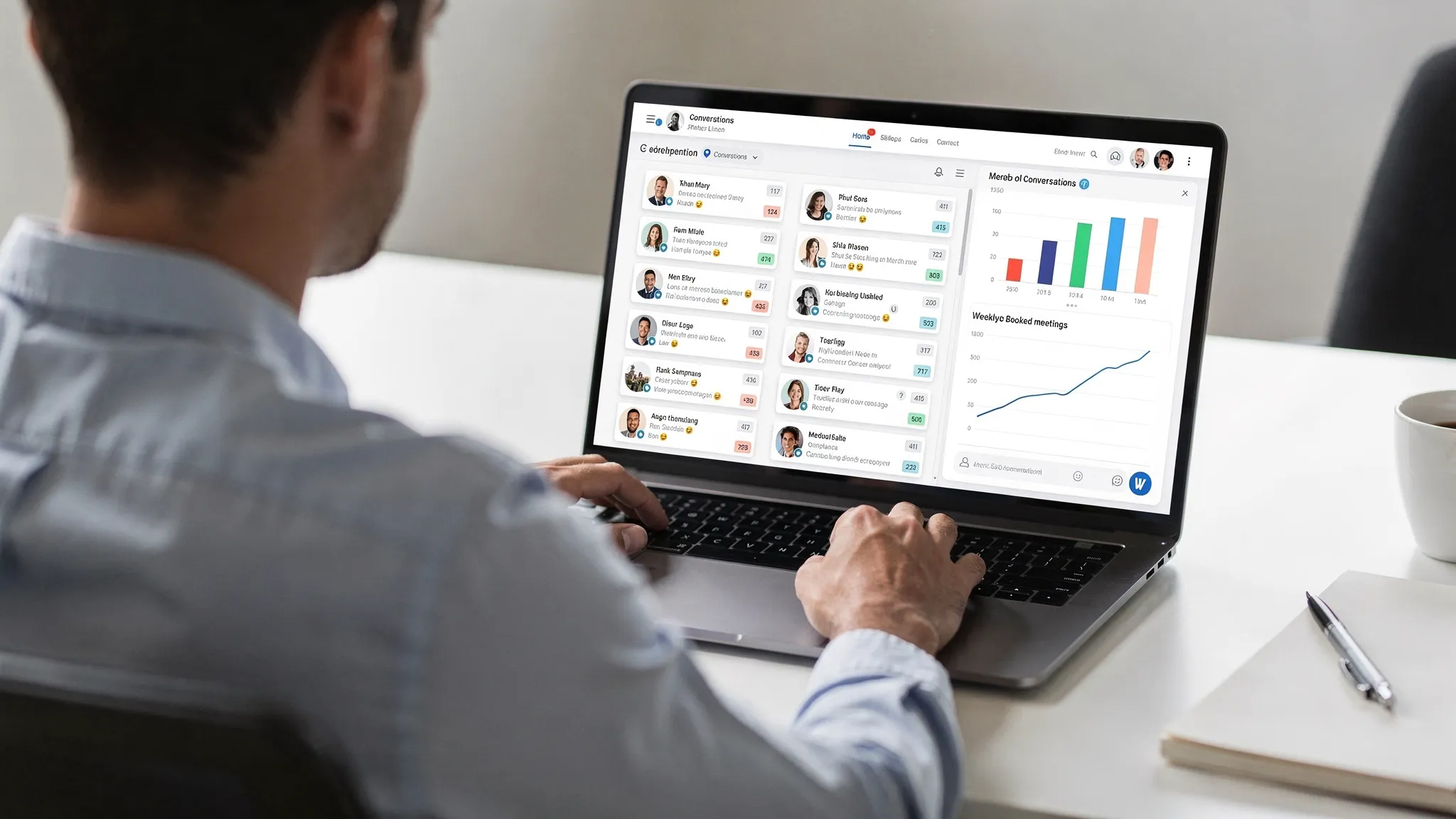 A sales development rep sits at a desk viewing a single laptop screen that displays a clean dashboard with multiple LinkedIn conversation threads, small intent scores beside each thread, and a simple chart of weekly booked meetings. The person faces the screen directly, and nothing is visible behind the laptop screen.