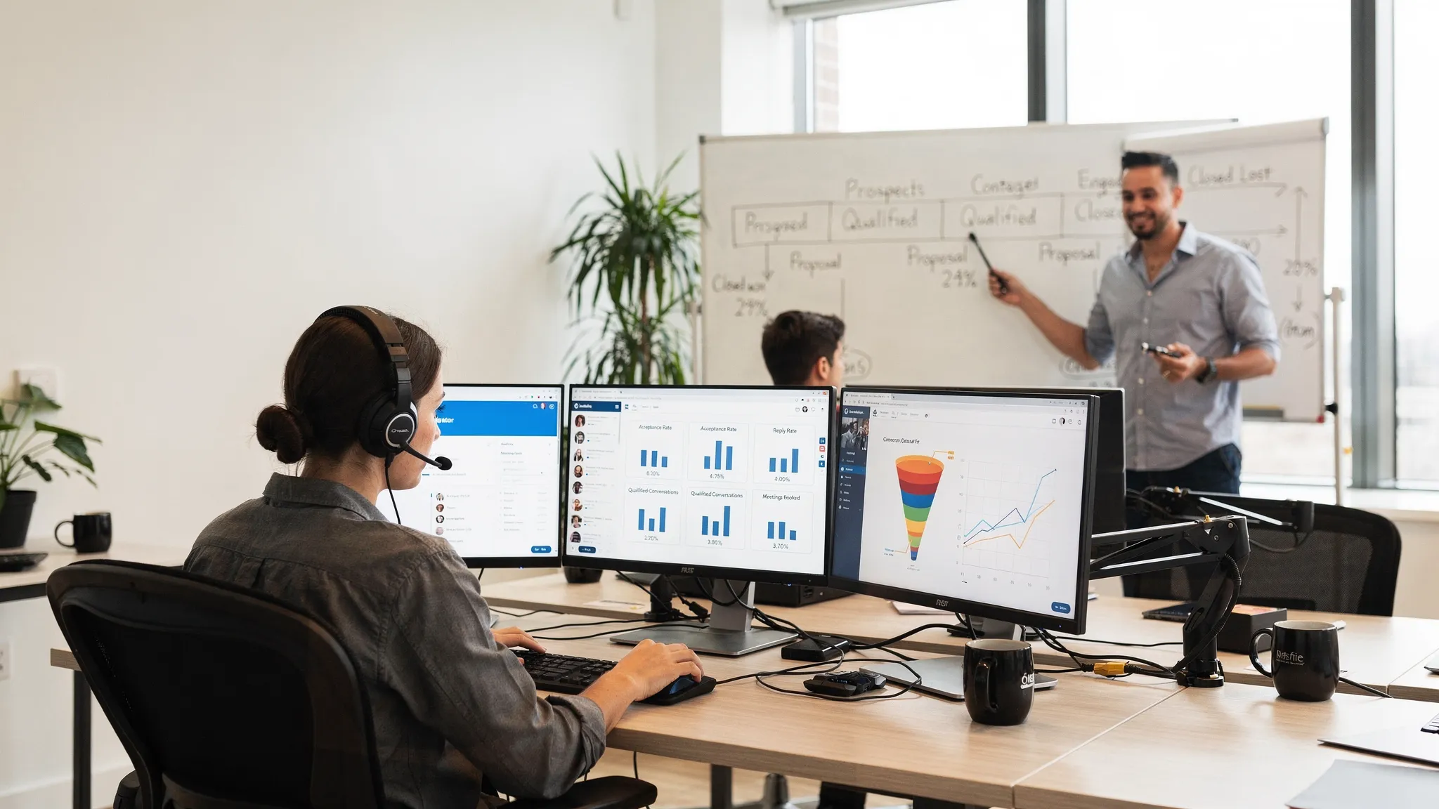A modern SDR pod in a bright office: two SDRs reviewing LinkedIn Sales Navigator on external monitors while a manager coaches at a whiteboard with pipeline stages. Dashboards on screens show acceptance rate, reply rate, qualified conversations, and meetings booked. All screens face the correct direction.