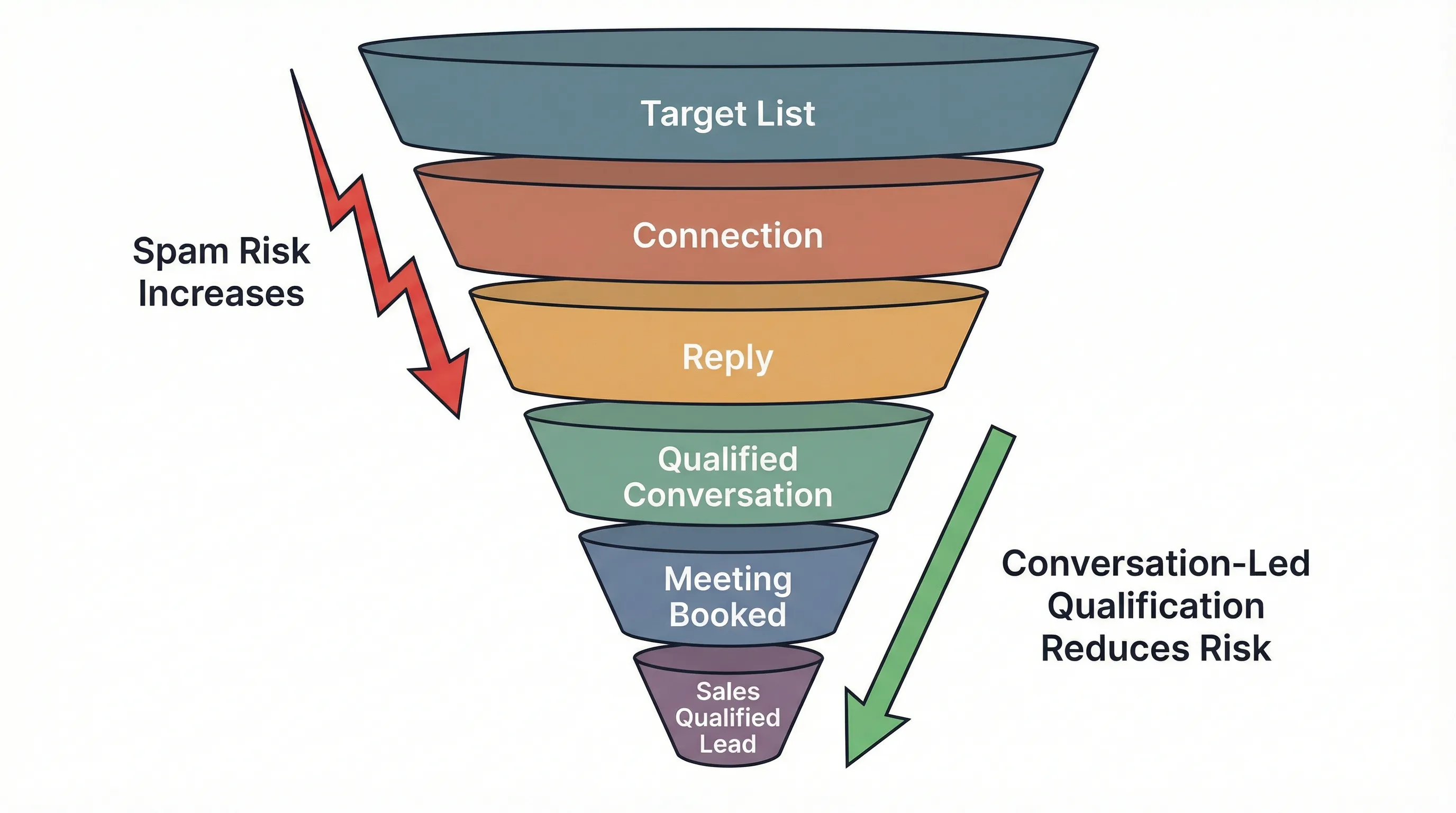 A simple funnel diagram showing stages from Target List to Connection to Reply to Qualified Conversation to Meeting Booked to Sales Qualified Lead, with notes on where spam risk increases and where conversation-led qualification reduces risk.