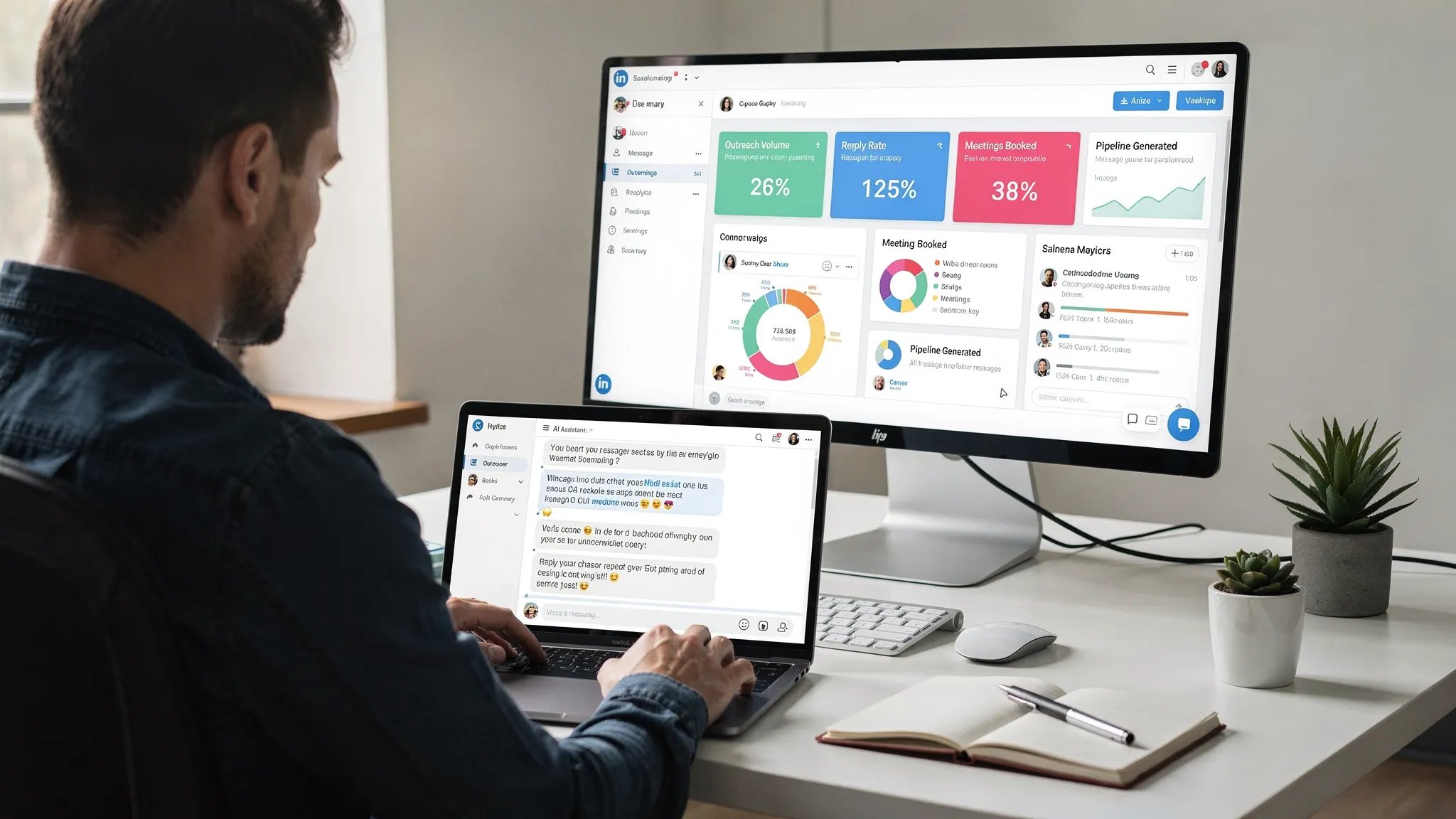 An SDR at a modern desk reviews a real-time dashboard showing outreach metrics while a laptop displays a LinkedIn conversation draft written by an AI assistant, with the screen facing the user and no reflections behind the laptop.