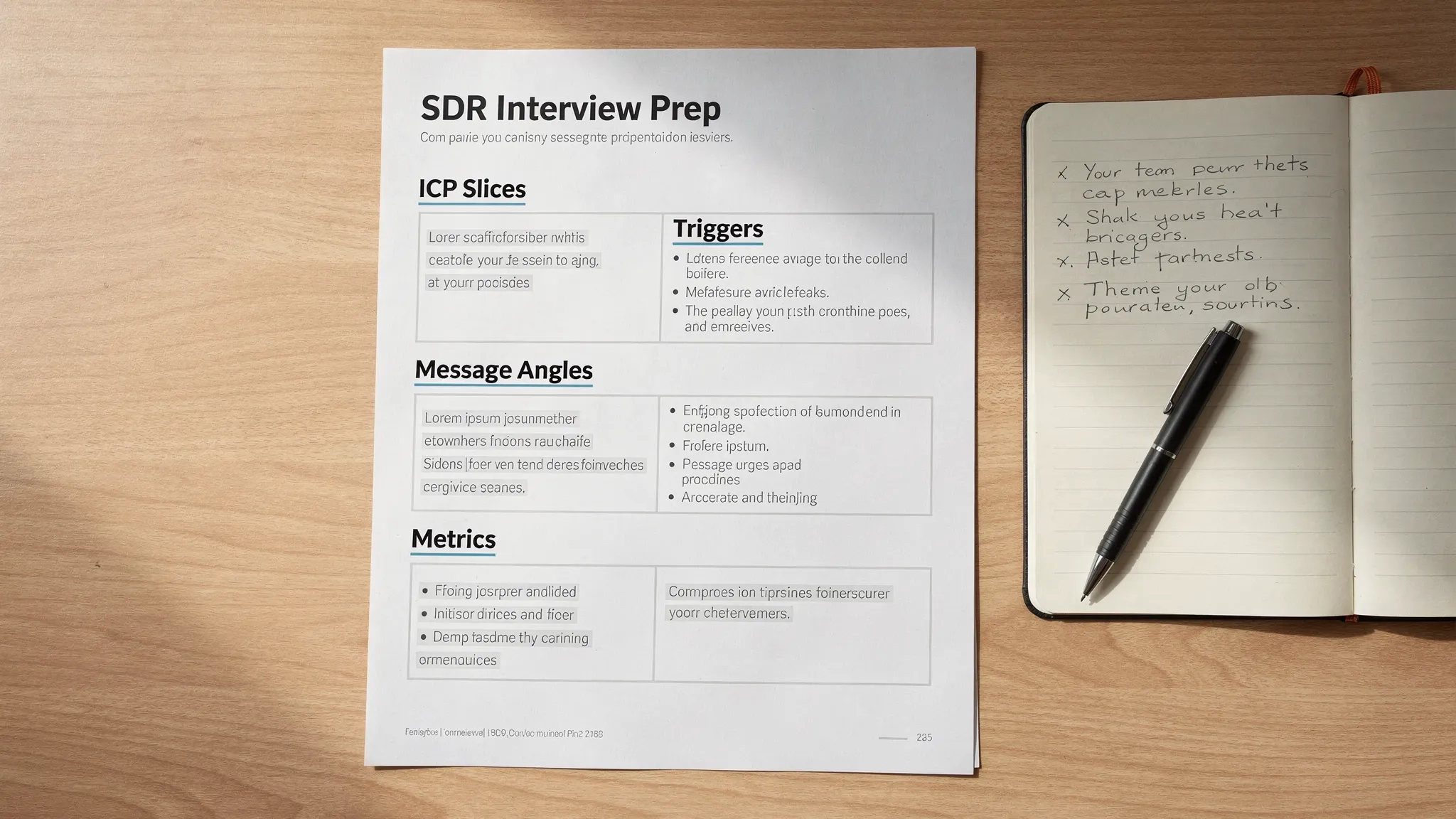 A one-page SDR interview prep sheet on a desk showing sections for ICP slices, triggers, message angles, and metrics, alongside a notebook and pen.
