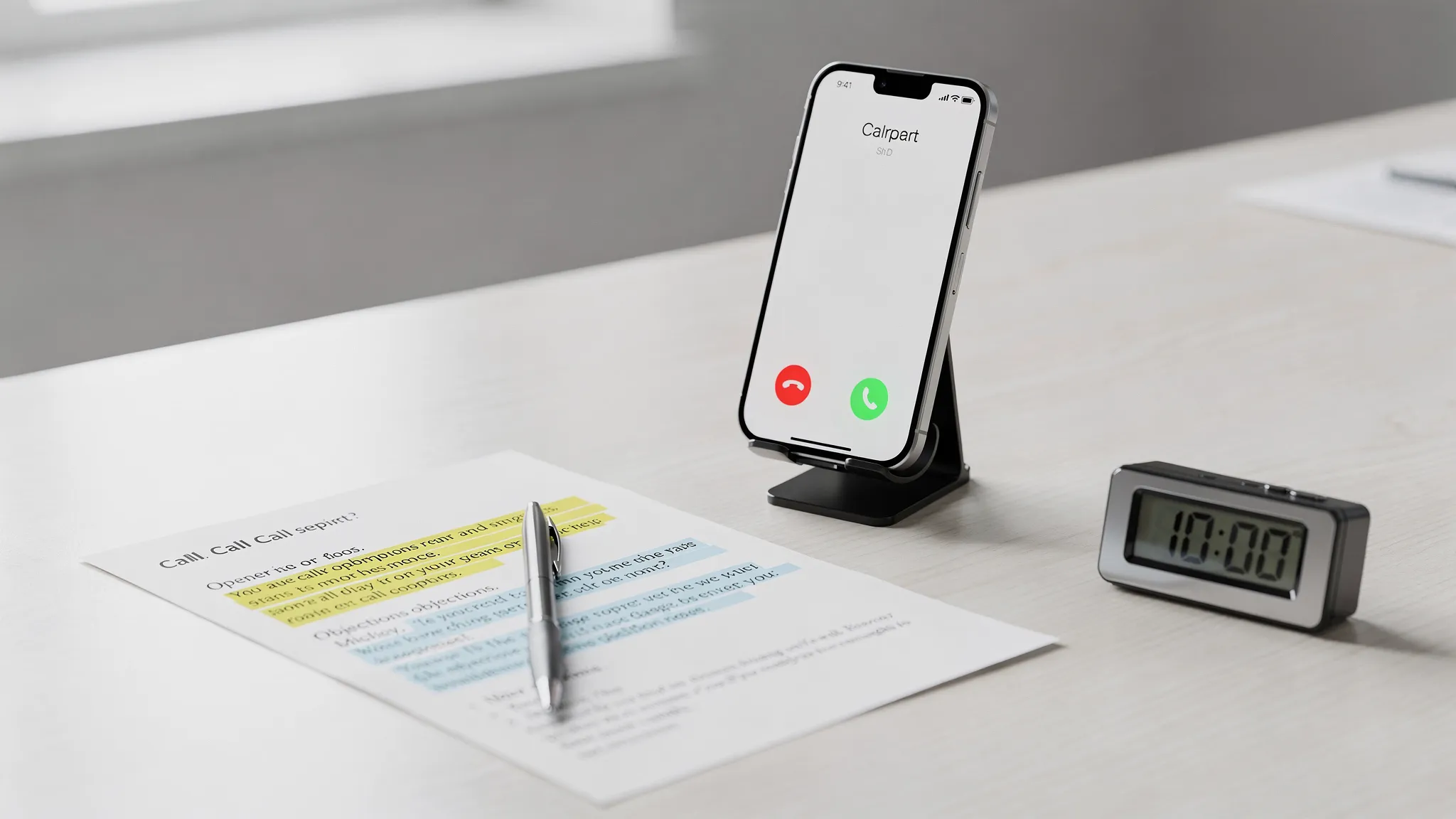 A simple practice setup with a phone on a stand, a printed call script with an opener and objections highlighted, and a timer for role play drills.