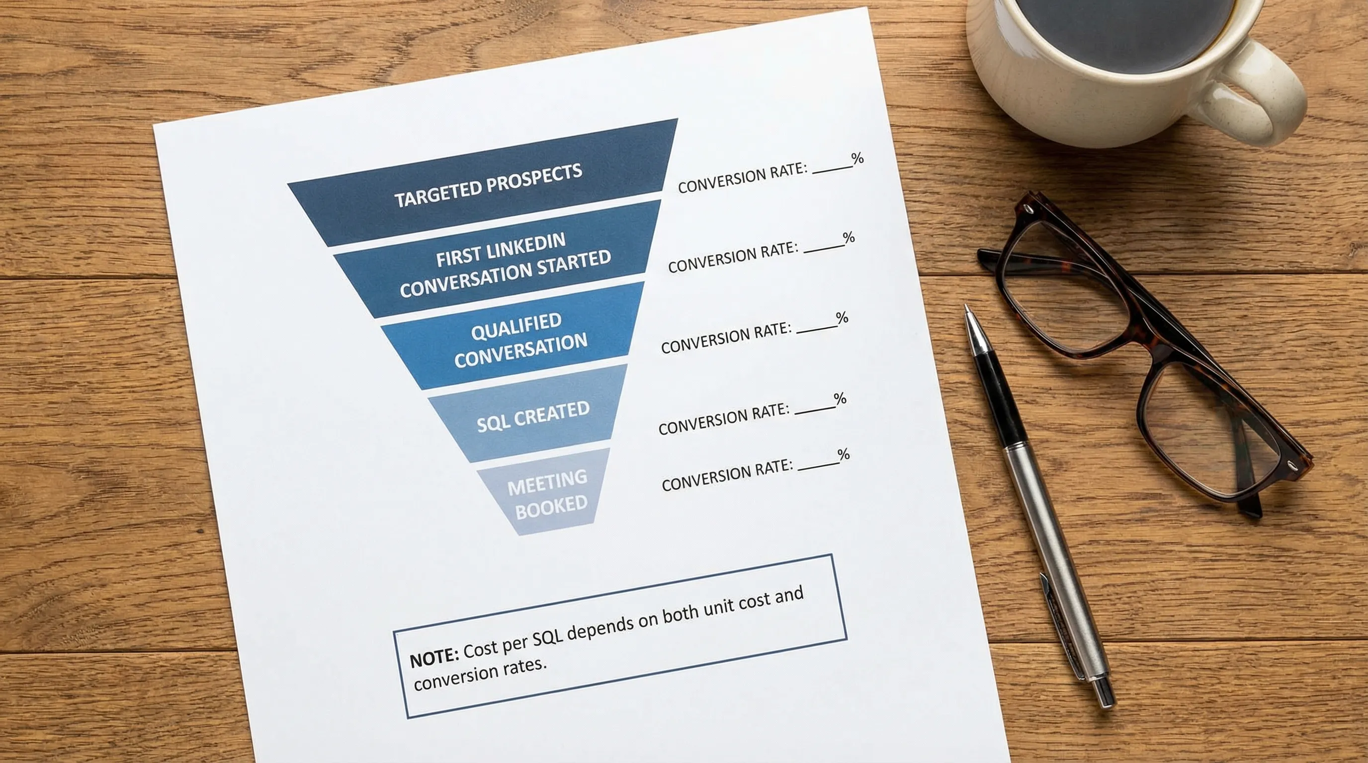 A simple funnel graphic showing stages: targeted prospects, first LinkedIn conversation started, qualified conversation, SQL created, meeting booked. Each stage has a blank conversion rate and a note that cost per SQL depends on both unit cost and conversion.