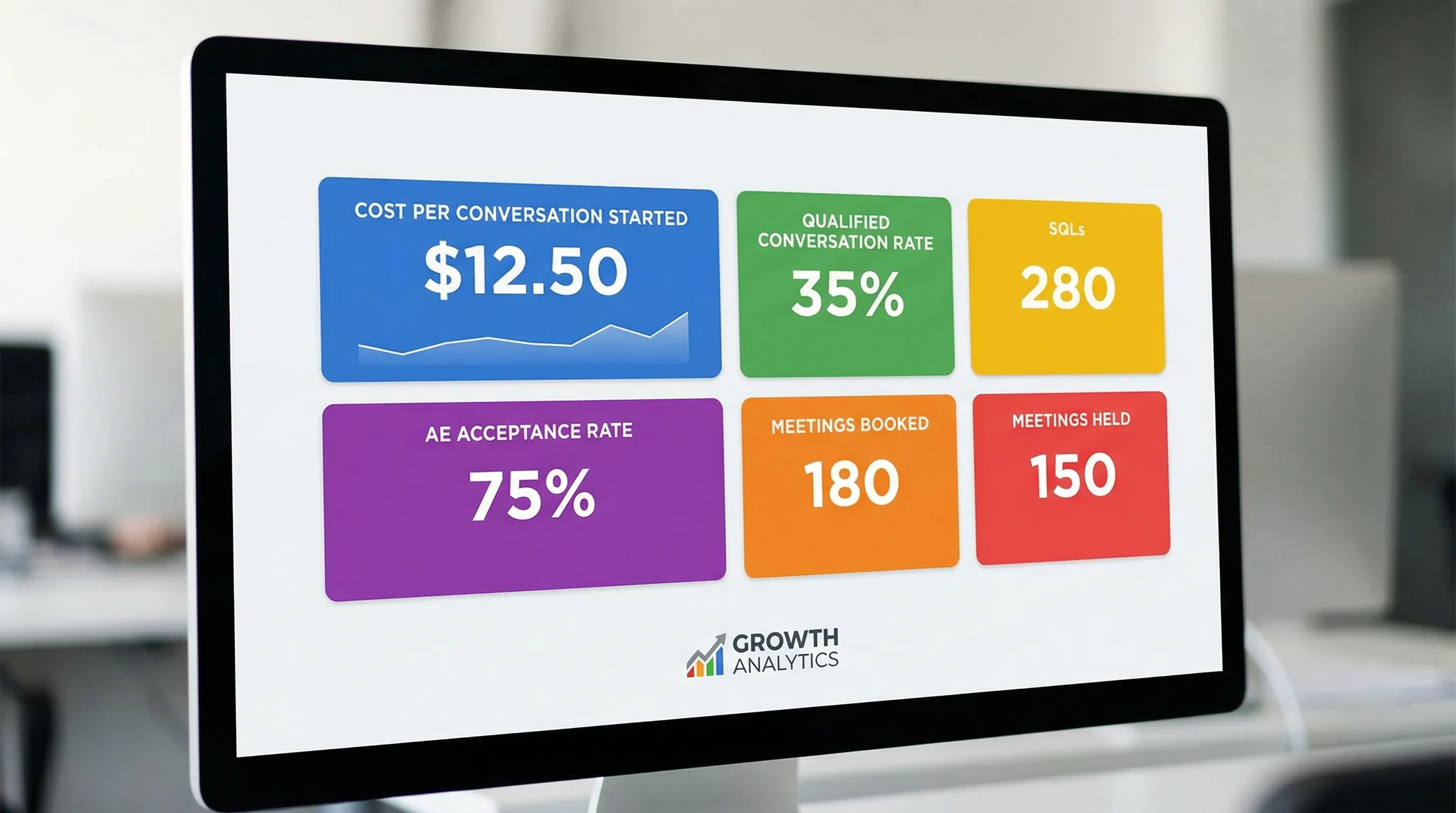 A clean dashboard-style illustration with tiles for key SDR funnel metrics: cost per conversation started, qualified conversation rate, SQLs, AE acceptance rate, meetings booked, meetings held.