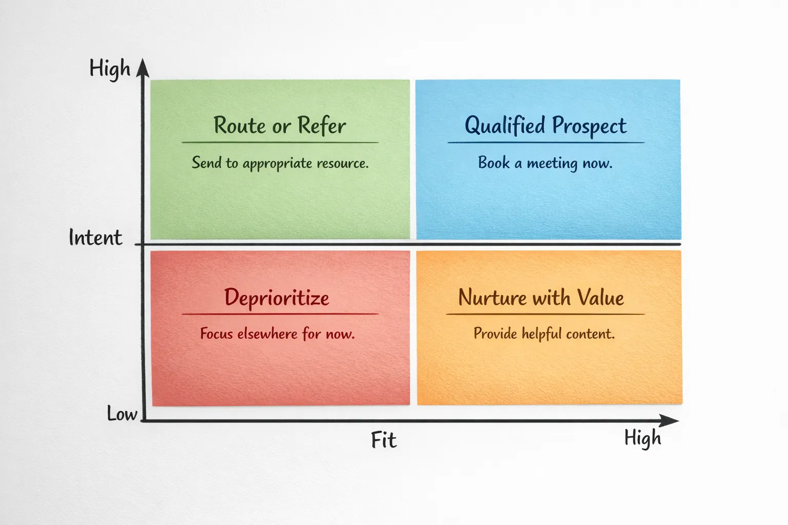 A simple 2x2 matrix labeled Fit on the horizontal axis and Intent on the vertical axis. Quadrants: Low Fit + Low Intent (deprioritize), High Fit + Low Intent (nurture with value), Low Fit + High Intent (route or refer), High Fit + High Intent (qualified prospect, book meeting). Each quadrant includes a one line action.
