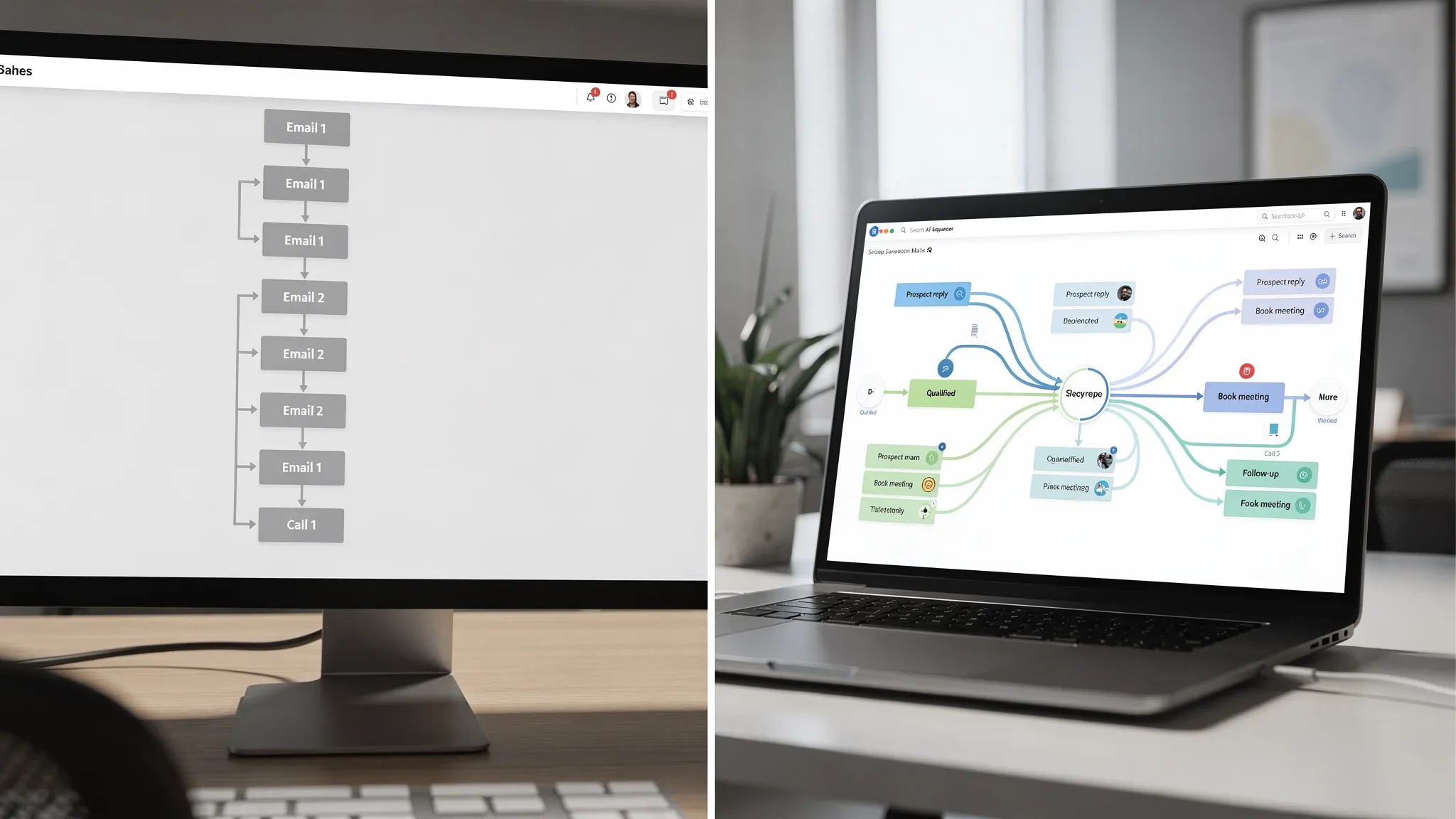 A split-screen conceptual illustration showing a legacy sequencer on the left with a rigid step-by-step cadence timeline, and a sales AI tool on the right with an adaptive conversation flow that branches based on prospect replies, qualification signals, and meeting booking.
