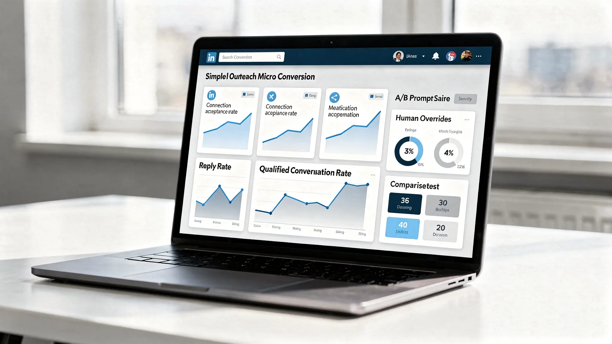 A simple dashboard-style illustration showing LinkedIn outreach micro-conversion metrics such as connection acceptance, reply rate, qualified conversation rate, and meetings booked, alongside an indicator for human override rate and A/B prompt test results.