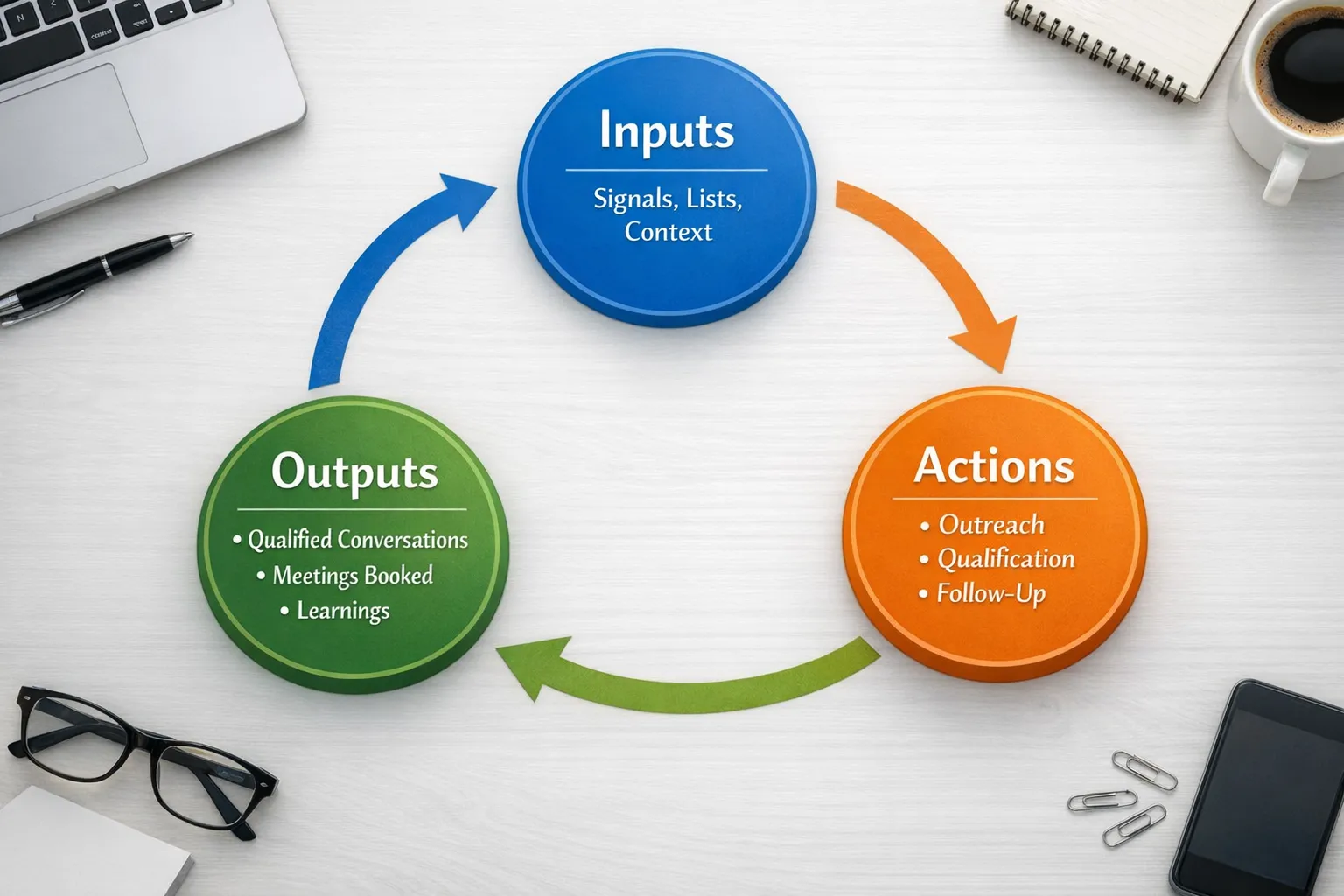A simple three-step loop diagram labeled Inputs (signals, lists, context), Actions (outreach, qualification, follow-up), Outputs (qualified conversations, meetings booked, learnings), arranged in a circular flow suitable for a BDR workflow.