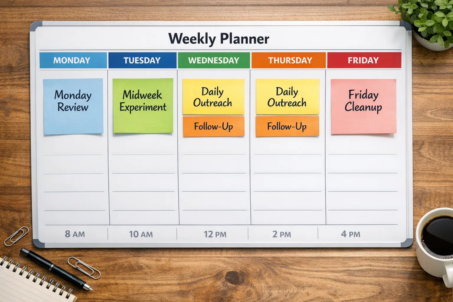 A calendar-style weekly planner showing five weekday columns with labeled blocks: Monday review, midweek experiment, daily outreach/follow-up blocks, and Friday cleanup, designed for a BDR workflow.