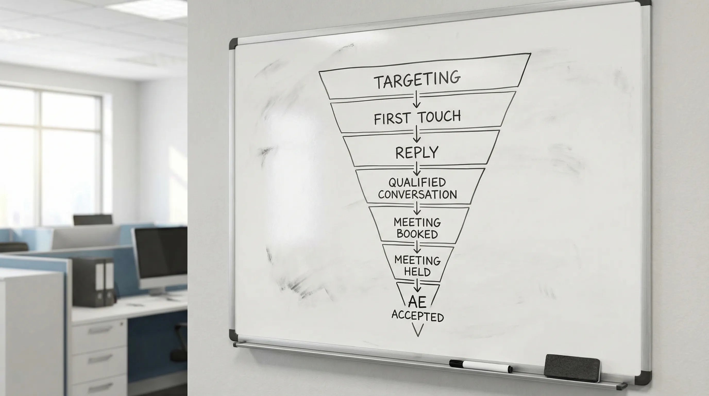 A simple diagram showing the BDR workflow as a funnel of micro-conversions: Targeting to First Touch to Reply to Qualified Conversation to Meeting Booked to Meeting Held to AE Accepted.
