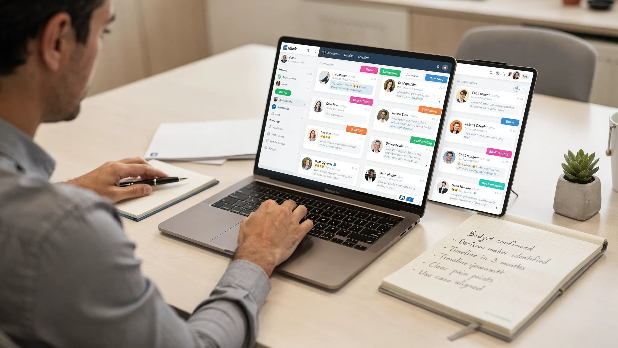 A split scene showing a BDR monitoring multiple LinkedIn conversation threads in a centralized dashboard on a laptop (screen facing the viewer), with highlighted status labels like “New,” “Qualified,” and “Book meeting,” and a notepad listing qualification evidence.