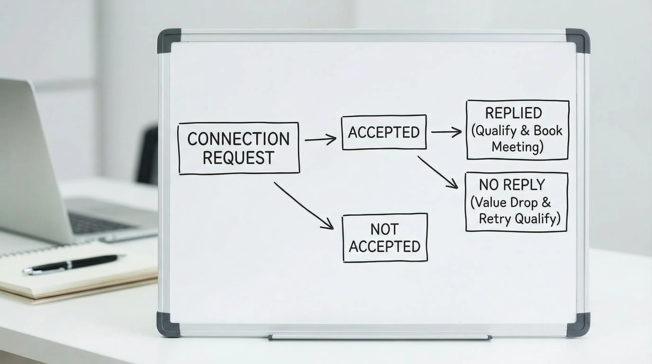 A simple flowchart showing a LinkedIn prospecting cadence: Start with Connection Request, then branch to Accepted or Not accepted. If Accepted, branch to Replied or No reply. If Replied, branch to Qualify then Book meeting. If No reply, follow up with Value drop then Try qualify again. Use only 5 boxes with arrows, clean and readable.