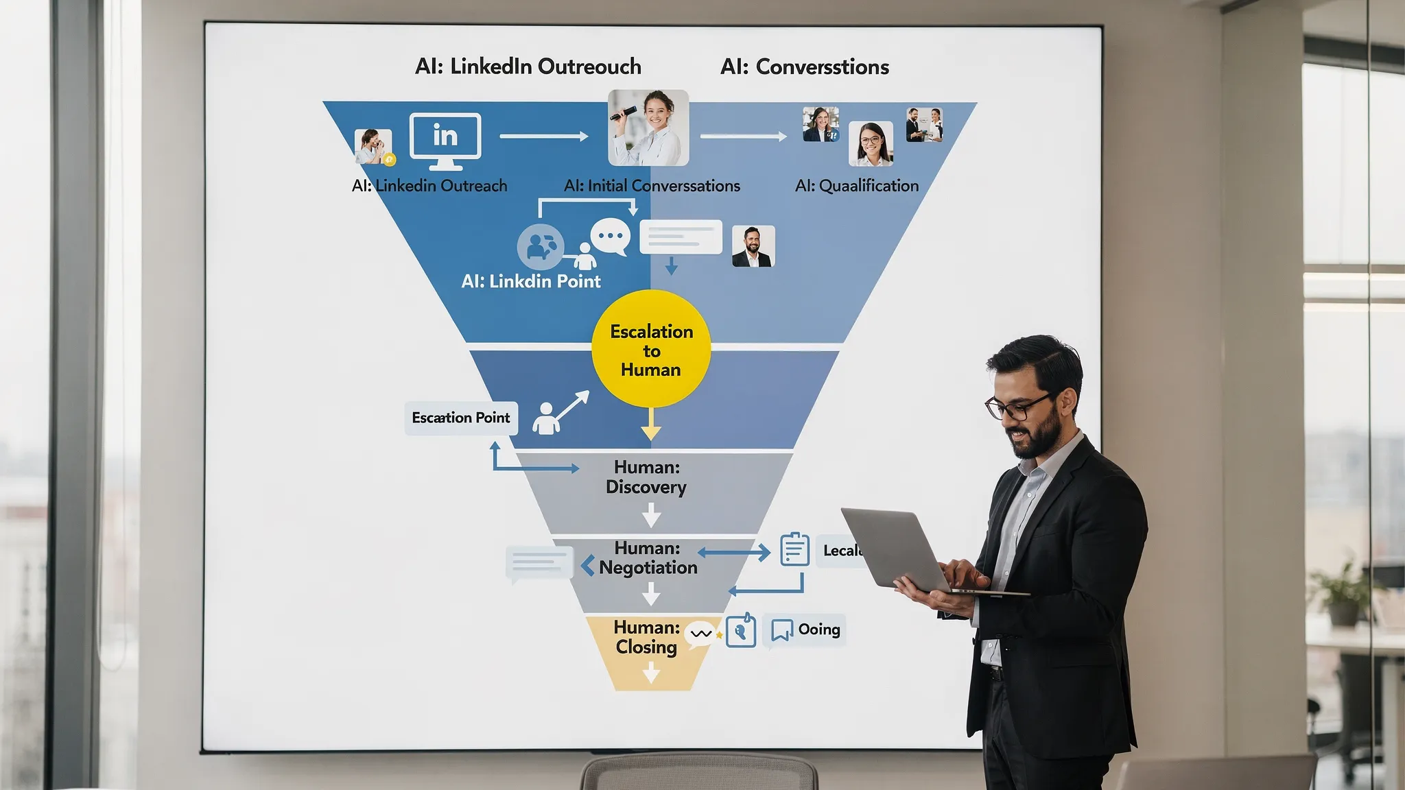 A simple funnel diagram showing AI handling top-of-funnel LinkedIn conversations and qualification, then handing off to a human for discovery, negotiation, and closing, with clear escalation points highlighted.