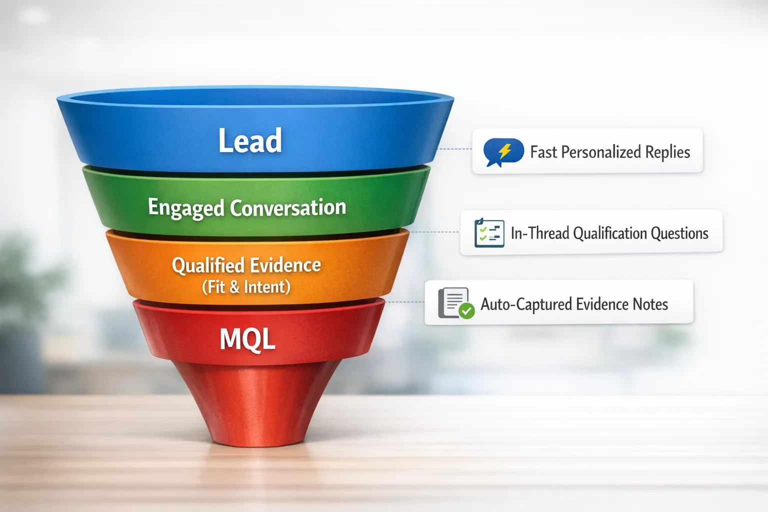 A simple funnel diagram showing stages Lead, Engaged Conversation, Qualified Evidence (fit and intent), MQL, with side callouts for AI actions: fast personalized replies, in-thread qualification questions, and auto-captured evidence notes.