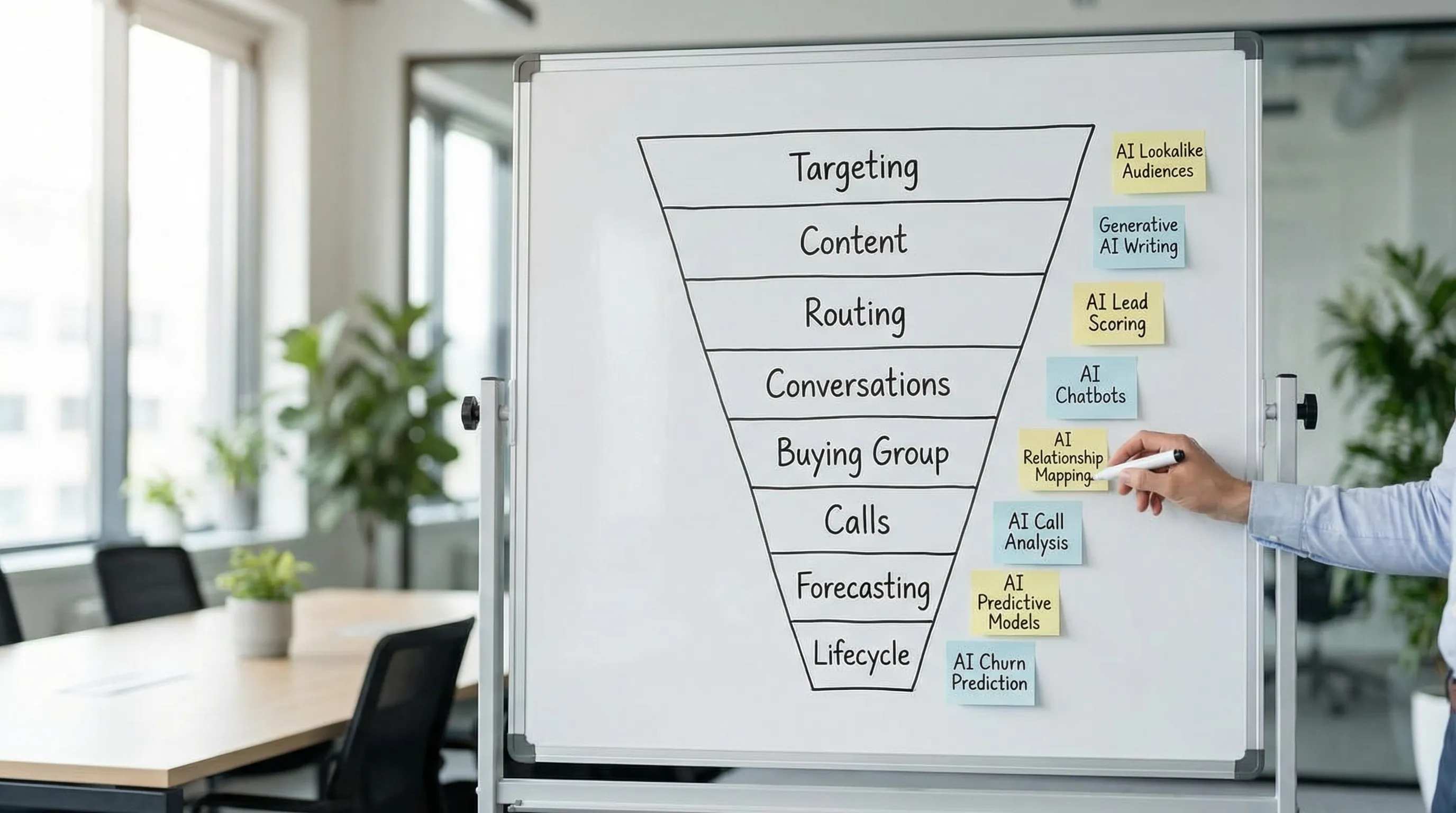 A simple revenue funnel diagram with eight labeled AI examples mapped to stages: targeting, content, routing, conversations, buying group, calls, forecasting, lifecycle.