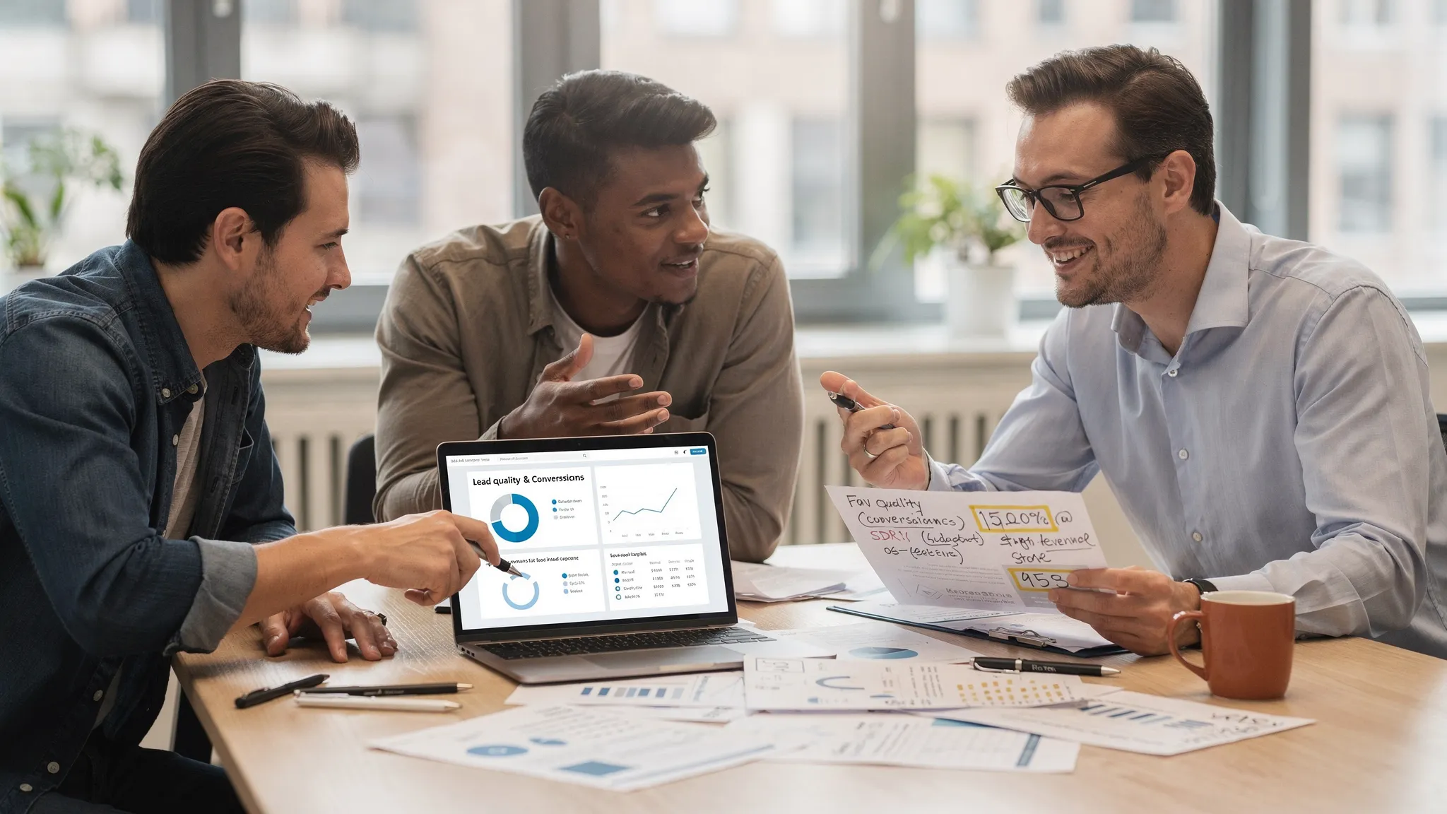 A small revenue team (marketer, SDR, RevOps) reviewing a simple dashboard together, discussing lead quality and conversation outcomes, with printed notes and a laptop facing them.