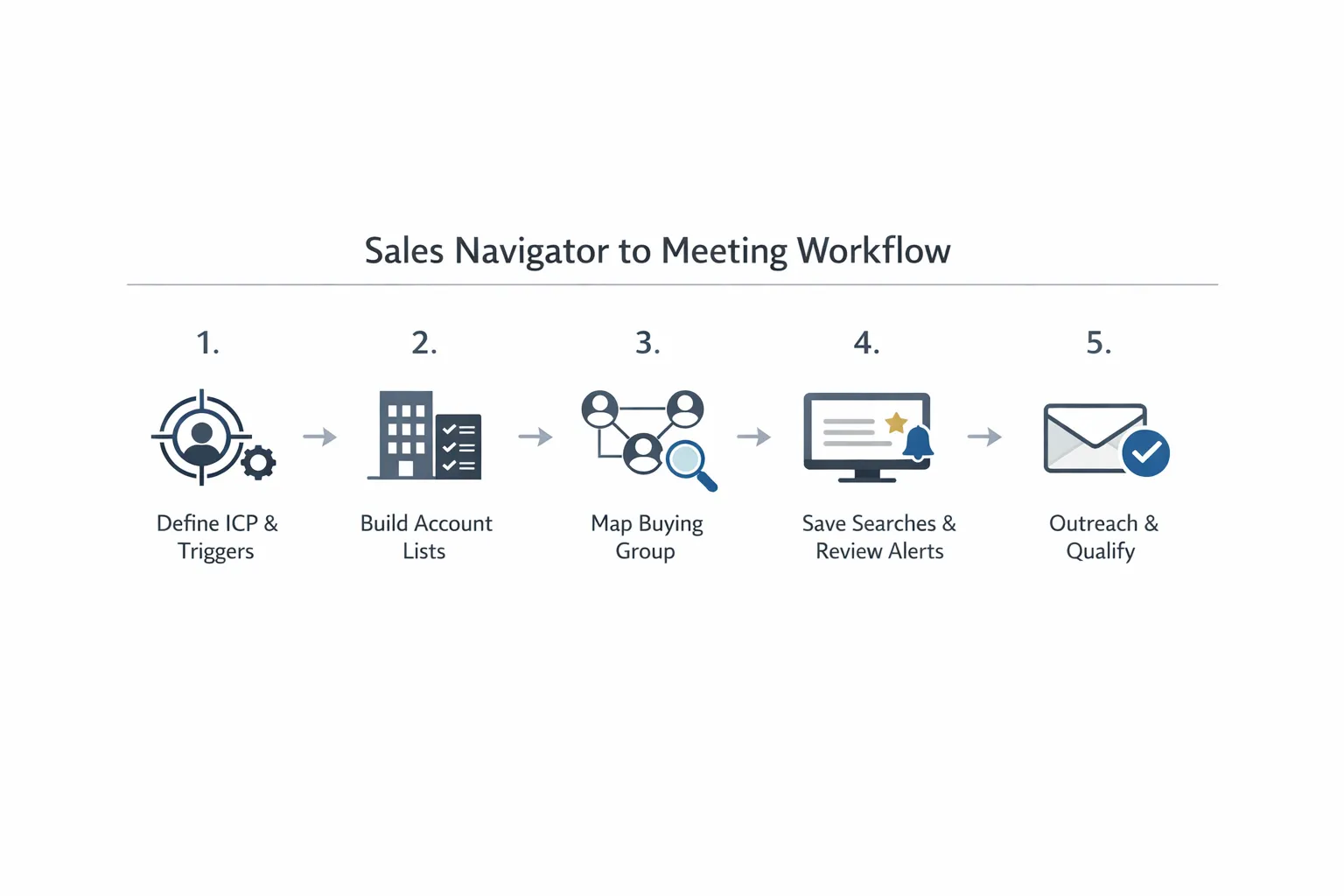 A simple 5-step diagram showing the Sales Navigator to meeting workflow: Define ICP and triggers, Build Account Lists, Map buying group with Lead searches, Save searches and review alerts daily, Outreach and qualify to book meetings. Minimal icons, clean lines, white background.