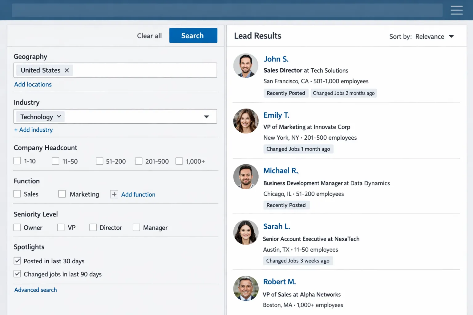 Illustrative view of a Sales Navigator-style search panel with filters for geography, industry, company headcount, function, seniority, and Spotlights like Posted in last 30 days and Changed jobs in last 90 days, with a lead results list on the right. No real names or logos.