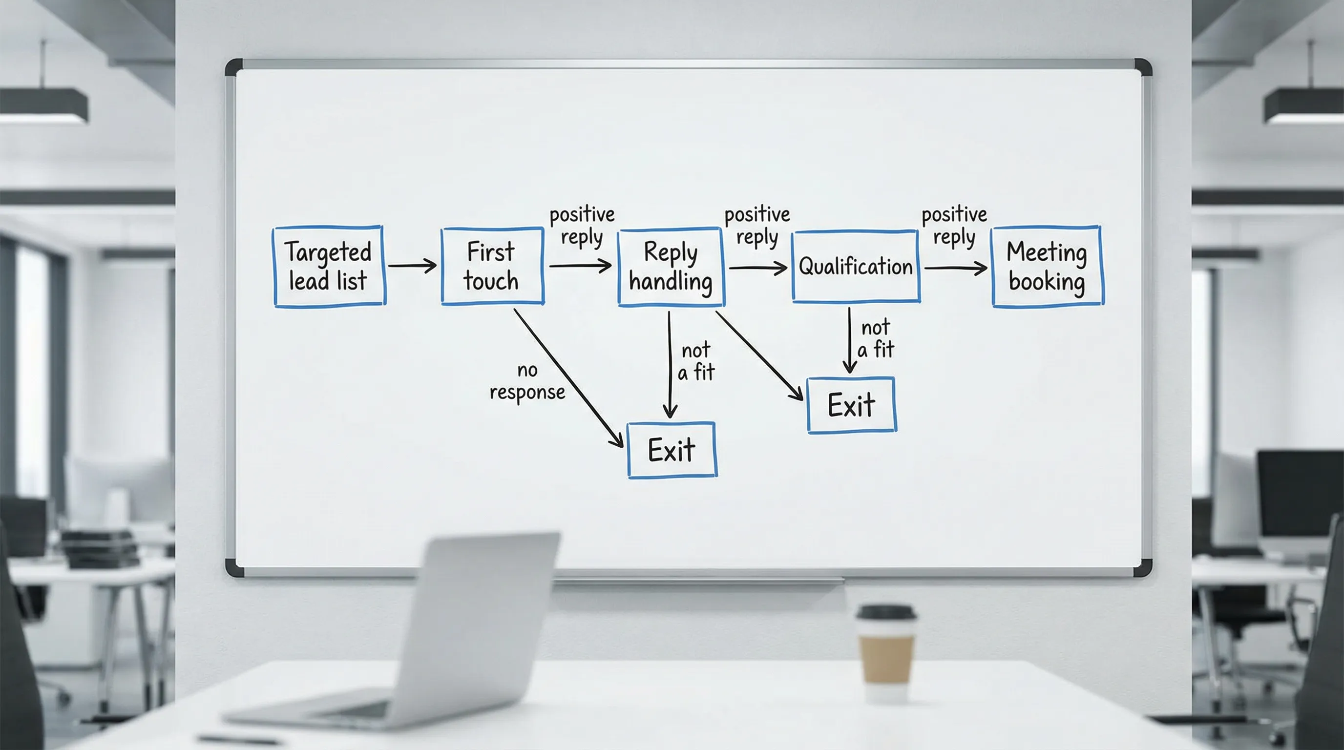 A simple flow diagram showing an AI SDR conversation system on LinkedIn with five states: Targeted lead list, First touch, Reply handling, Qualification, Meeting booking or Exit. Each arrow is labeled with decision signals like “positive reply,” “not a fit,” or “no response.”