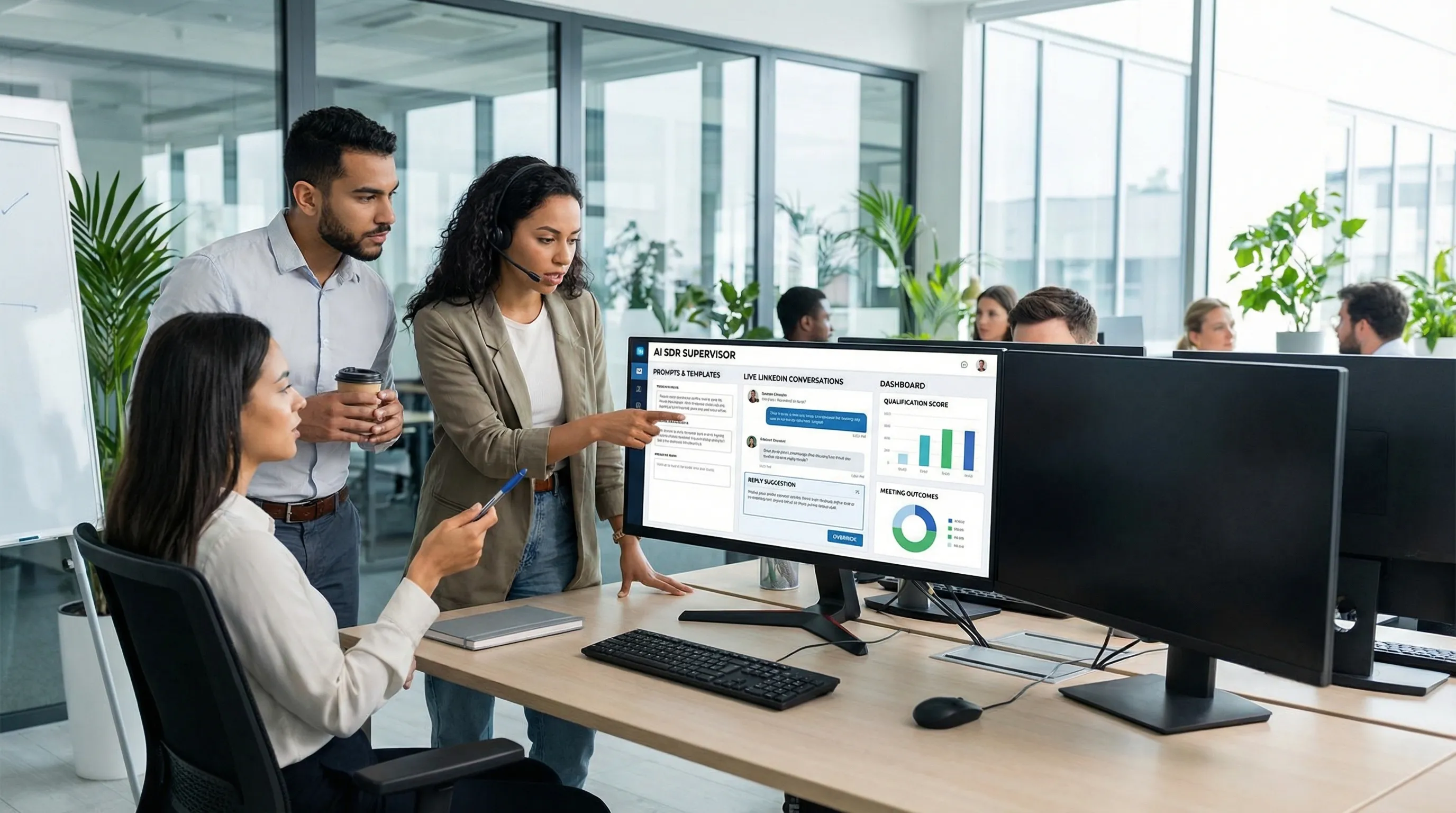 An illustration of an SDR team supervising an AI SDR system with three panels: prompts/templates, live LinkedIn conversations with reply handling, and a dashboard showing qualification score and meeting outcomes. The people are discussing conversation quality and deciding when to override.