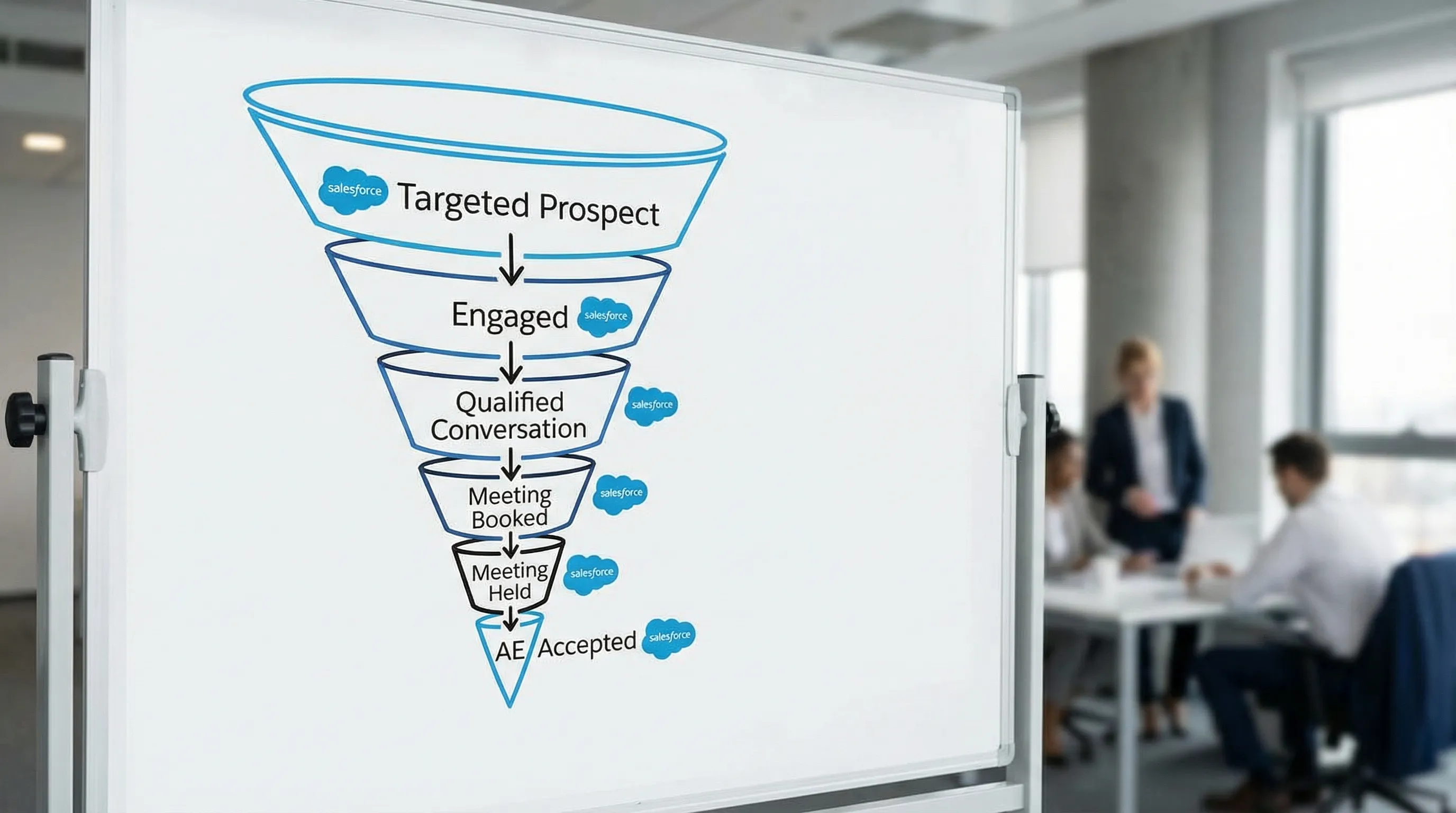 A simple funnel diagram showing stages from Targeted Prospect to Engaged to Qualified Conversation to Meeting Booked to Meeting Held to AE Accepted, with Salesforce icons next to each stage.