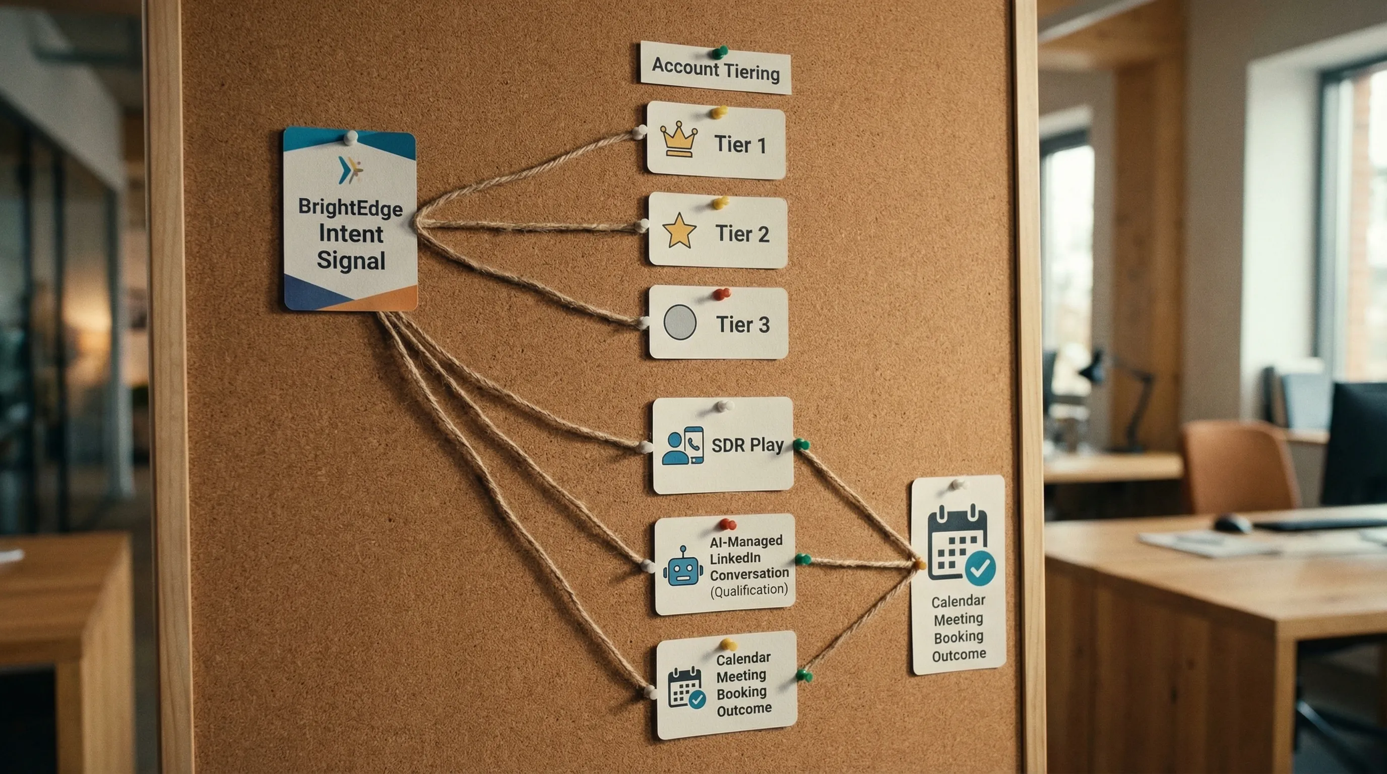 A simple flow diagram showing BrightEdge Intent Signal feeding an account tiering step (Tier 1, Tier 2, Tier 3), then branching into an SDR play, an AI-managed LinkedIn conversation for qualification, and finally a calendar meeting booking outcome.