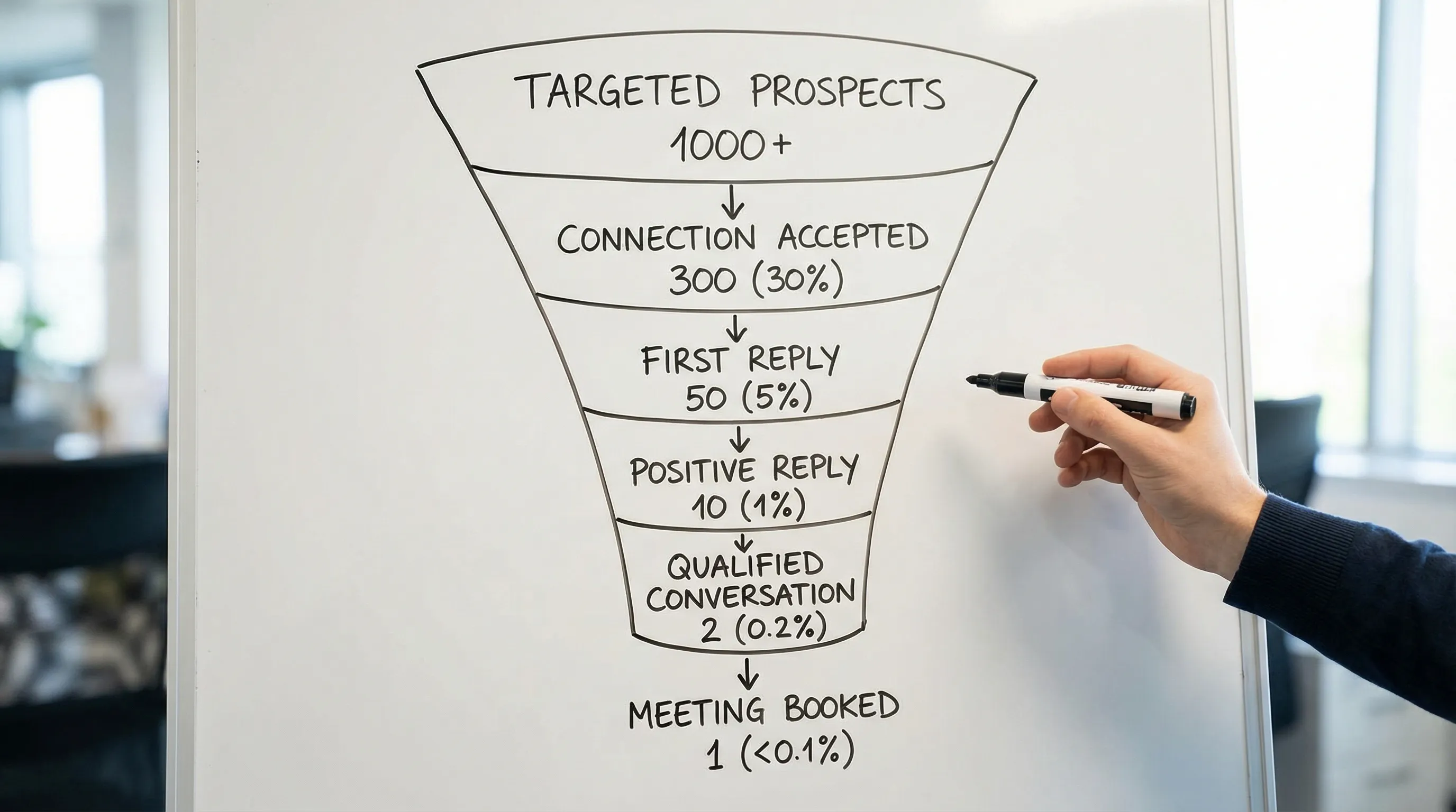 A simple funnel diagram for cold outreach showing stages: targeted prospects, connection accepted, first reply, positive reply, qualified conversation, meeting booked, with example metrics listed under each stage.