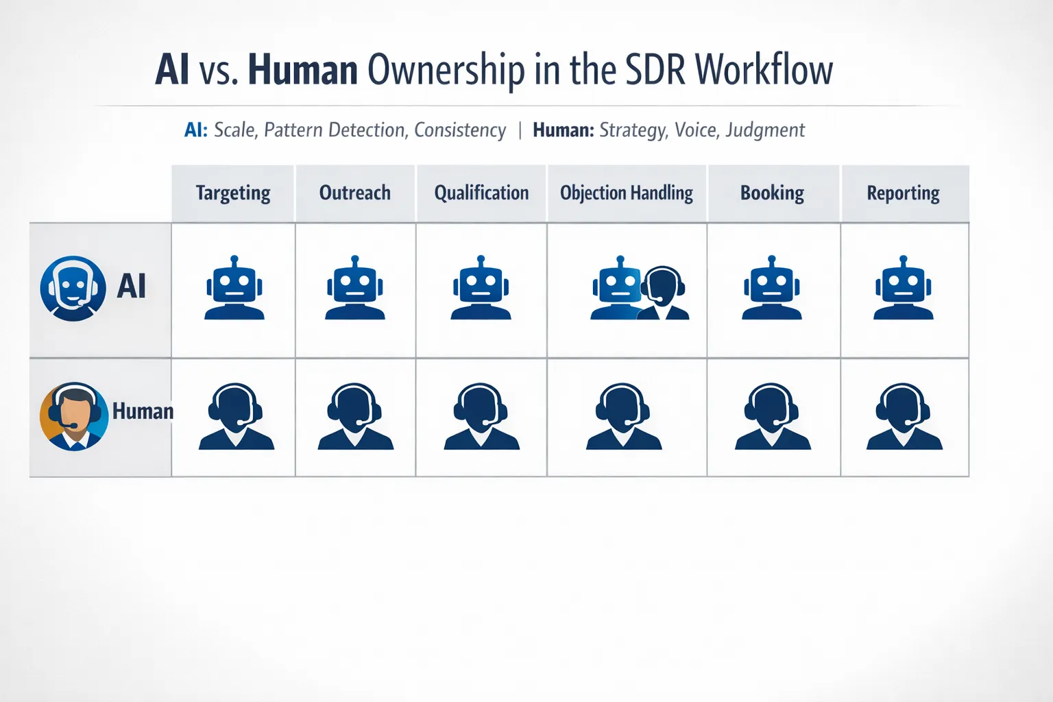 Simple matrix showing AI vs human ownership across the SDR workflow, with columns for Targeting, Outreach, Qualification, Objection Handling, Booking, and Reporting. AI leads in scale, pattern detection, and consistency; humans lead in strategy, voice, and judgment.