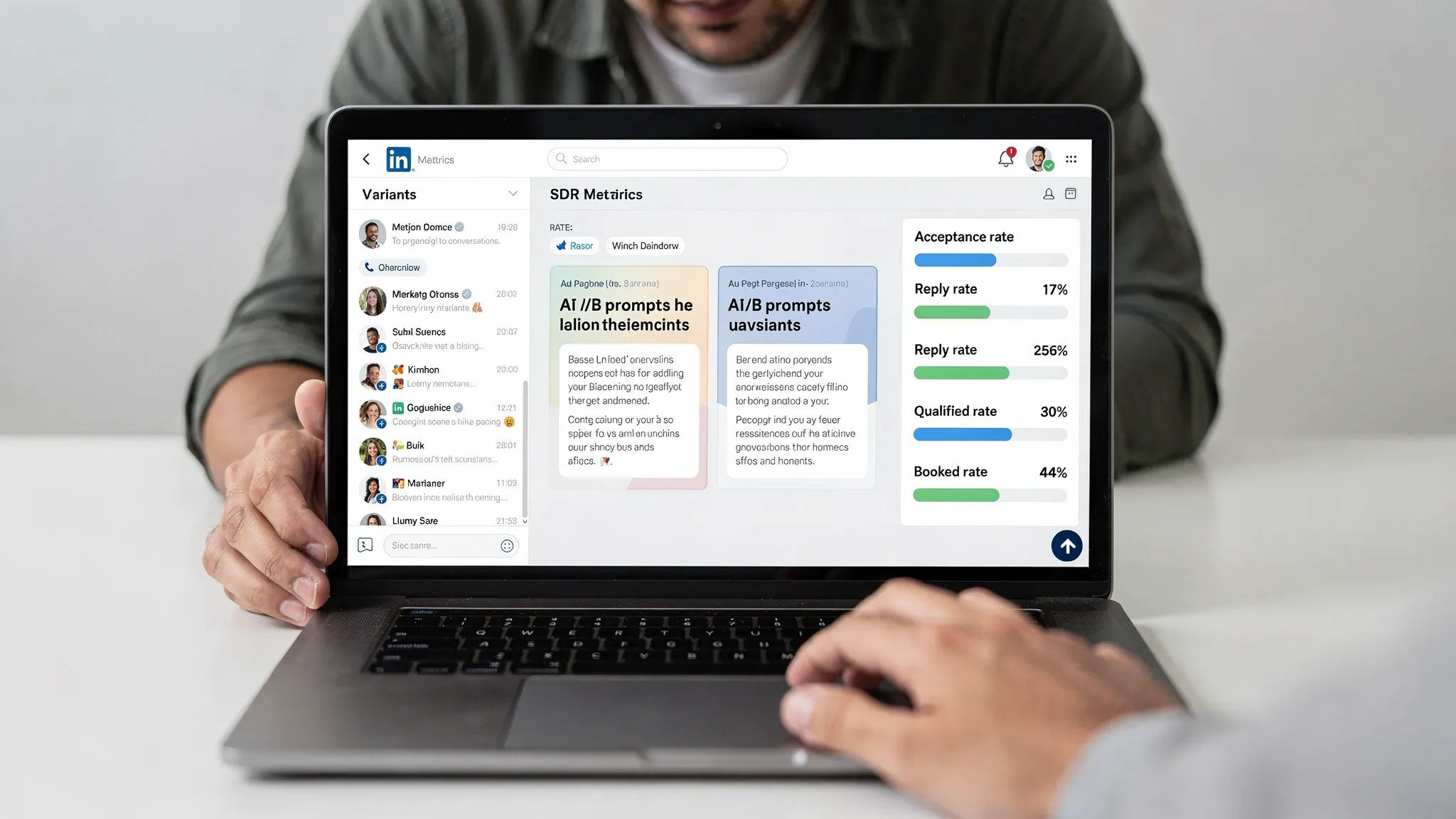A clean SDR dashboard view, laptop screen facing the user, showing LinkedIn thread snippets, A/B prompt variants, and a panel with acceptance, reply, qualified, and booked rates. A rep is reviewing conversations and deciding where to jump in. Nothing is visible behind the laptop screen.