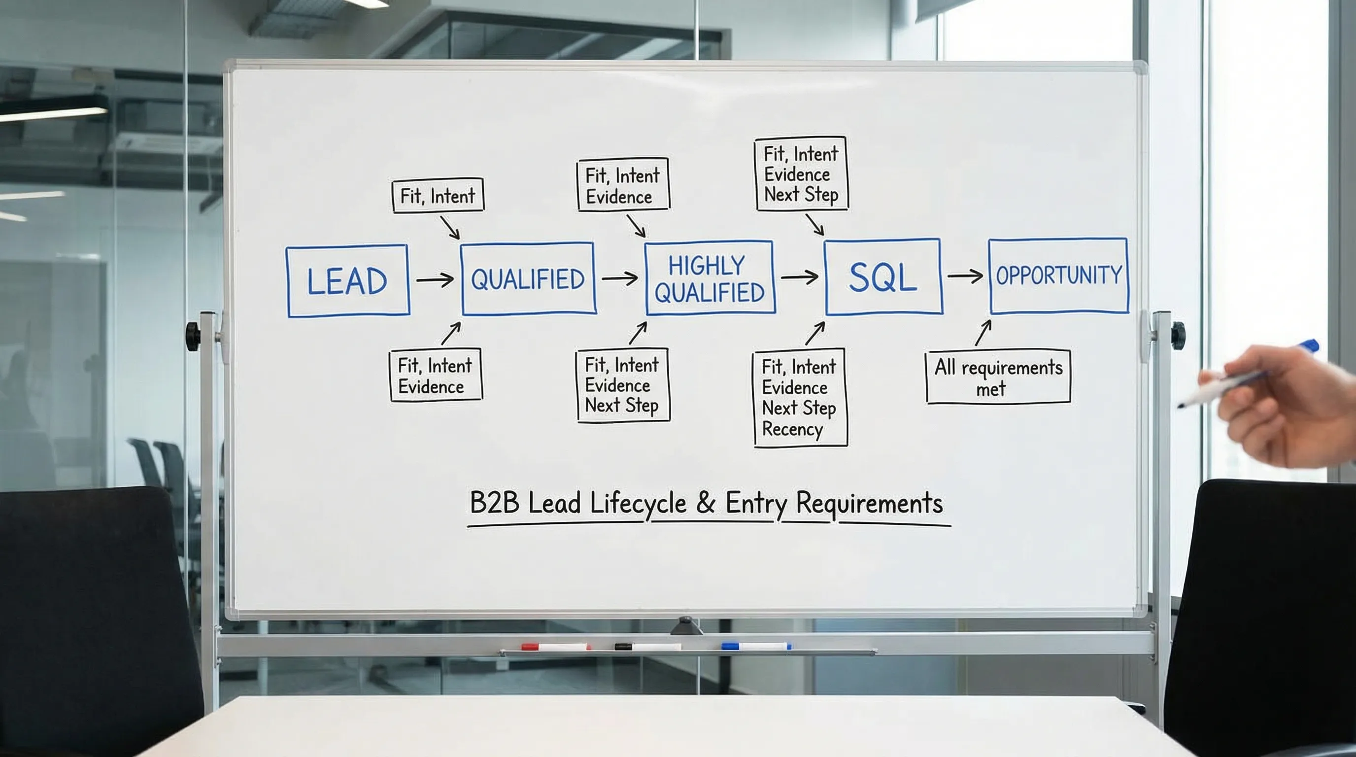 A simple diagram of a B2B lead lifecycle showing stages from Lead to Qualified to Highly Qualified to SQL to Opportunity, with callouts for Fit, Intent, Evidence, Next Step, and Recency as stage-entry requirements.