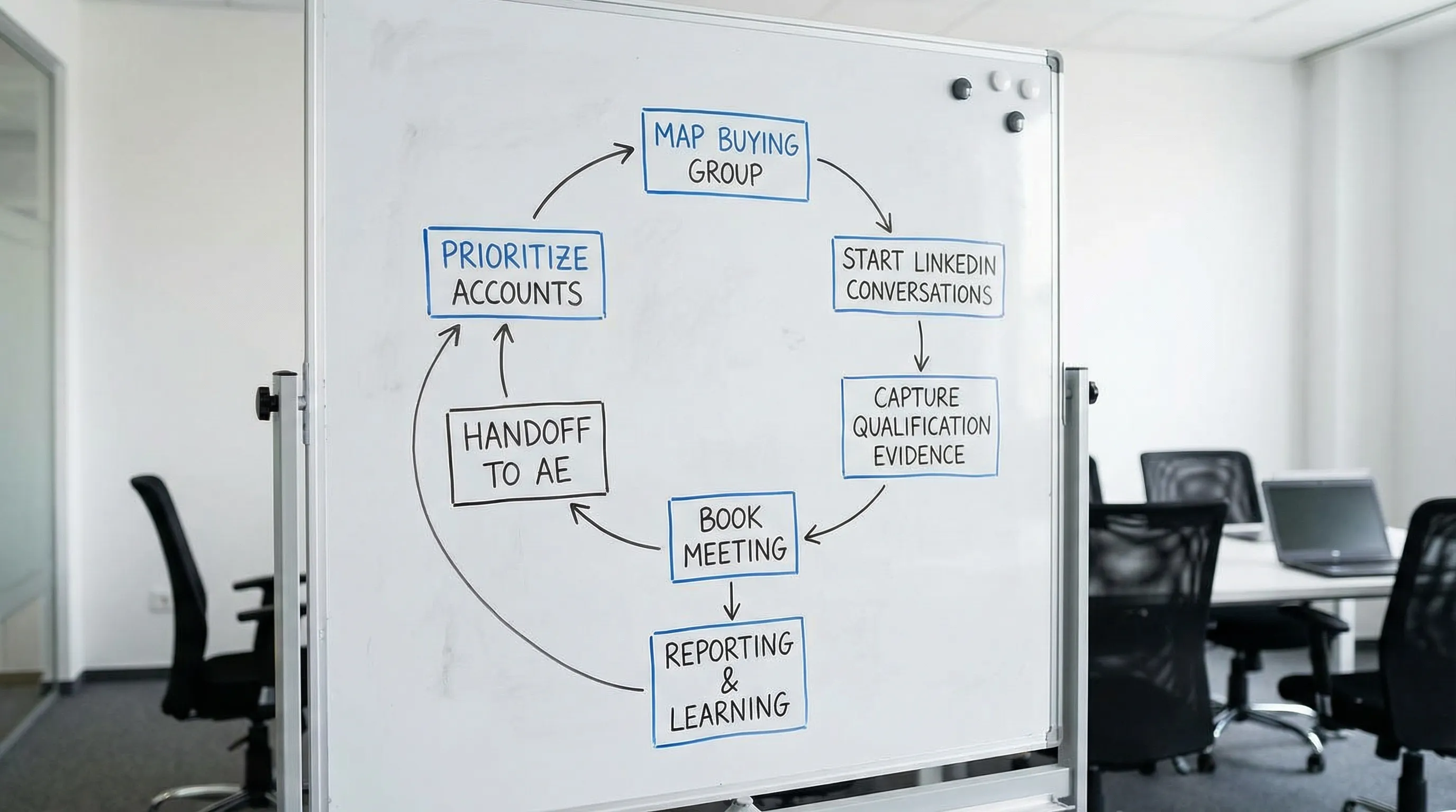 A workflow diagram with six boxes showing the ADR loop: prioritize accounts, map buying group, start LinkedIn conversations, capture qualification evidence, book meeting, handoff to AE, with arrows returning to reporting and learning.
