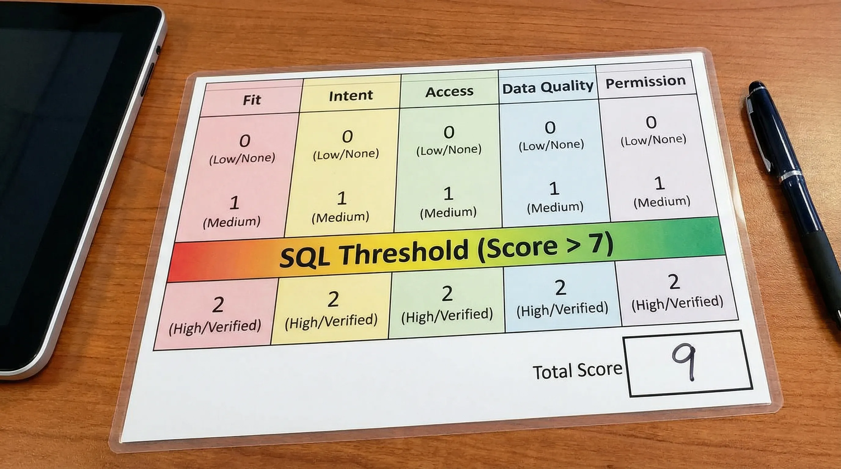 A simple visual scoring rubric for insurance lead qualification showing five pillars (Fit, Intent, Access, Data Quality, Permission) with a 0-1-2 scale and a highlighted “SQL threshold” zone.