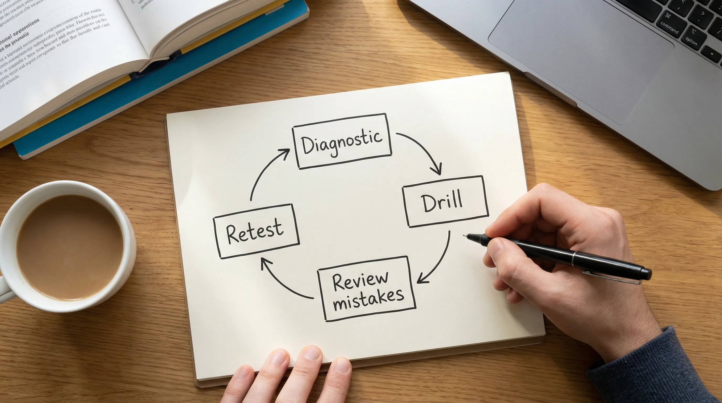 A simple study workflow diagram with four boxes in a loop labeled Diagnostic, Drill, Review mistakes, Retest, with arrows forming a cycle.