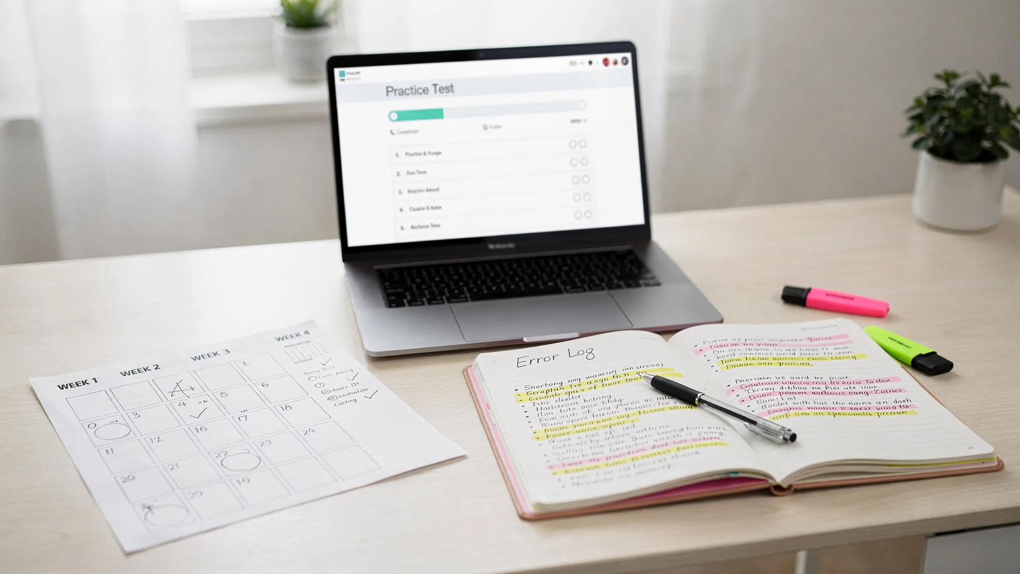 A desk scene with a printed four-week calendar labeled Week 1 to Week 4, a laptop showing a practice test interface, and a notebook labeled Error Log with highlighted entries.
