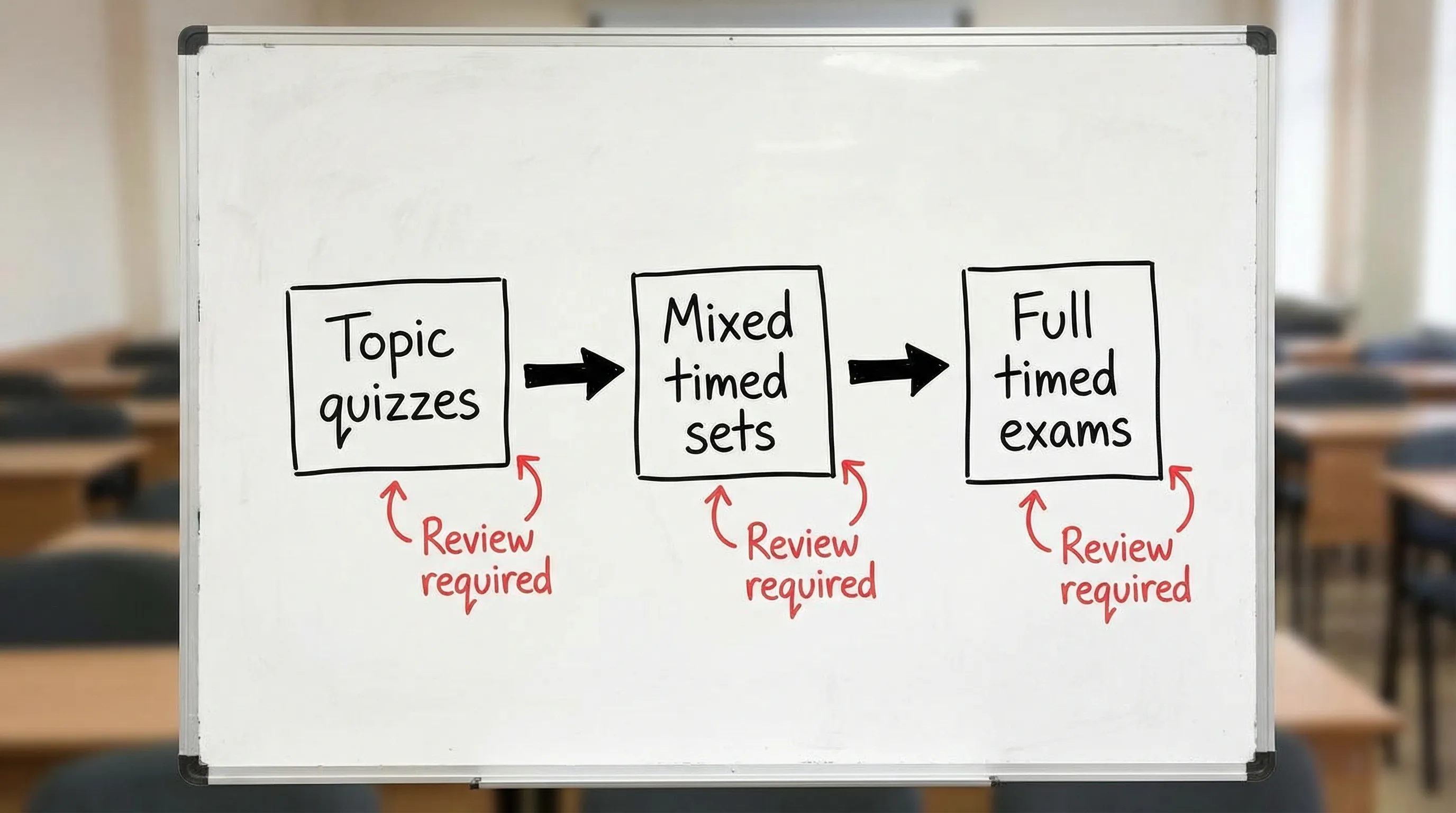A simple three-step diagram showing “Topic quizzes,” then “Mixed timed sets,” then “Full timed exams,” with arrows indicating progression and a note that review is required after each step.