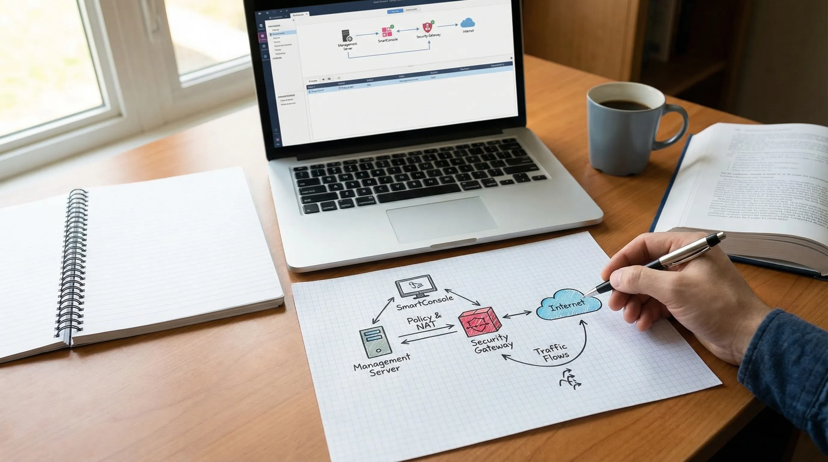 A Check Point study setup showing a laptop with a lab diagram on paper, icons for Security Gateway, Management Server, SmartConsole, and arrows representing traffic flows through policy and NAT.