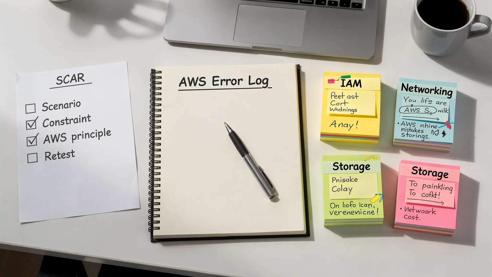 A study desk with a notebook titled “AWS Error Log,” a checklist labeled SCAR (Scenario, Constraint, AWS principle, Retest), and sticky notes grouping mistakes into IAM, Networking, Storage, and Cost.